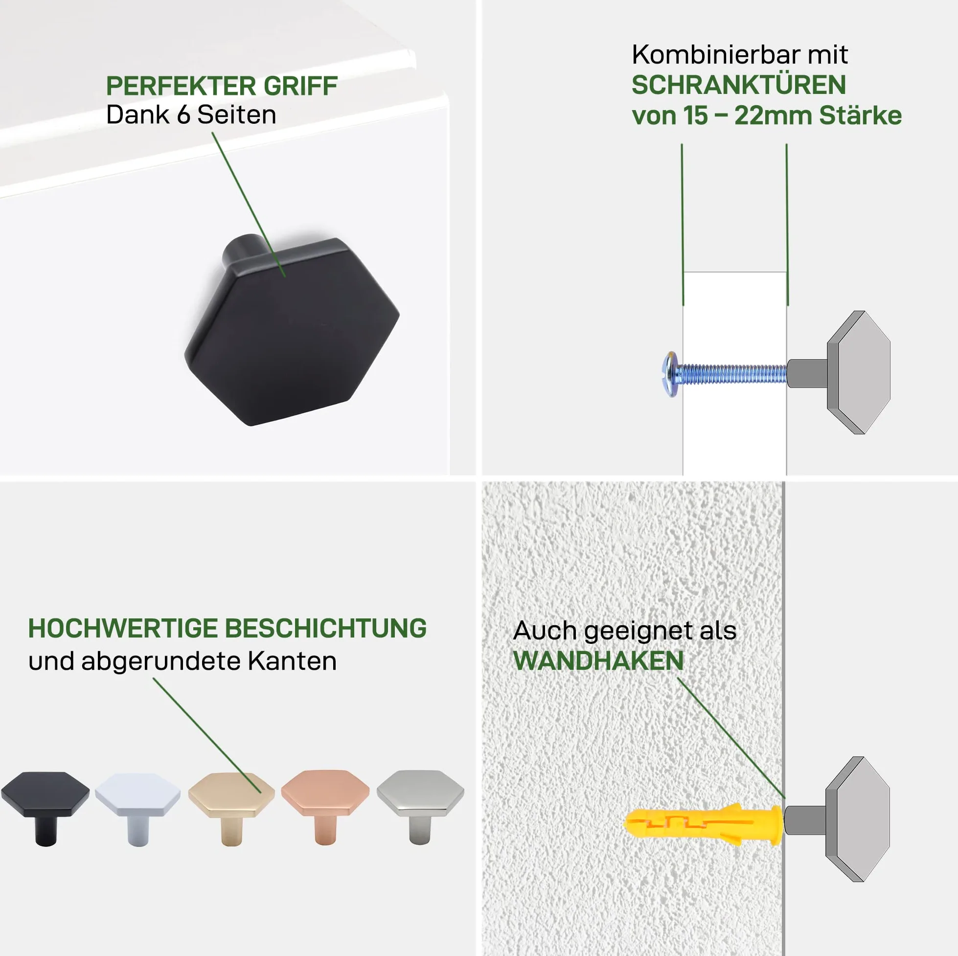 Natural Goods Berlin HEXAGON - Pomelli in metallo spazzolato per mobili, per porte, armadi, credenze, credenze, cassetti, da parete, con accessori di montaggio (10, nero)