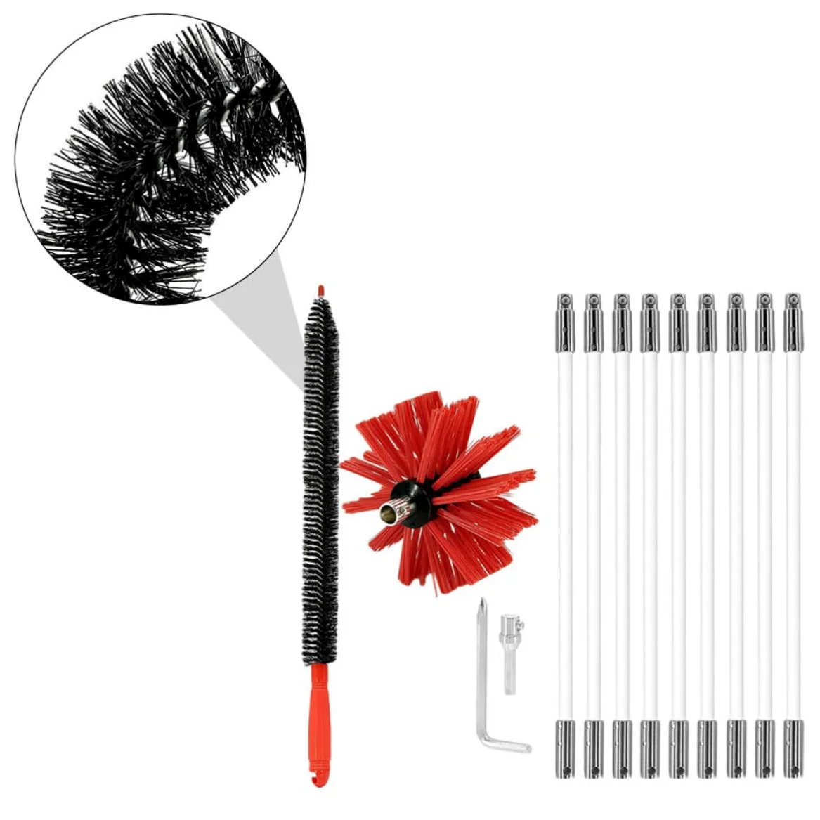 Spazzola per Pulizia Stufa in Nylon, Set 9 Aste Collegabili | Kit per Pulizia del Stufa, Non Graffia la Superficie Interna, per Canna Fumaria e Sfiato Asciugatrice