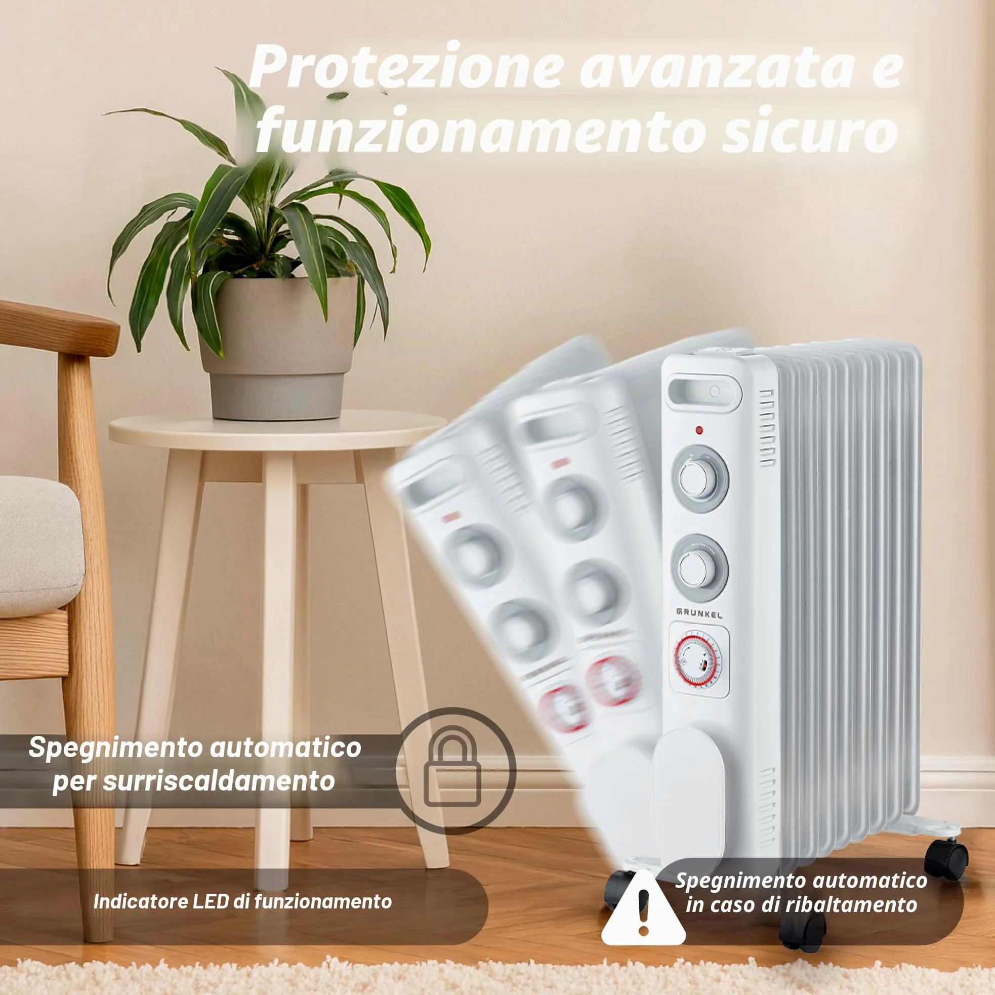 GRUNKEL RD-2000S Radiatore ad olio, 2000 W-2500 W, 9 elementi, 3 livelli di potenza, timer 24 ore, termostato regolabile, ruote multidirezionali
