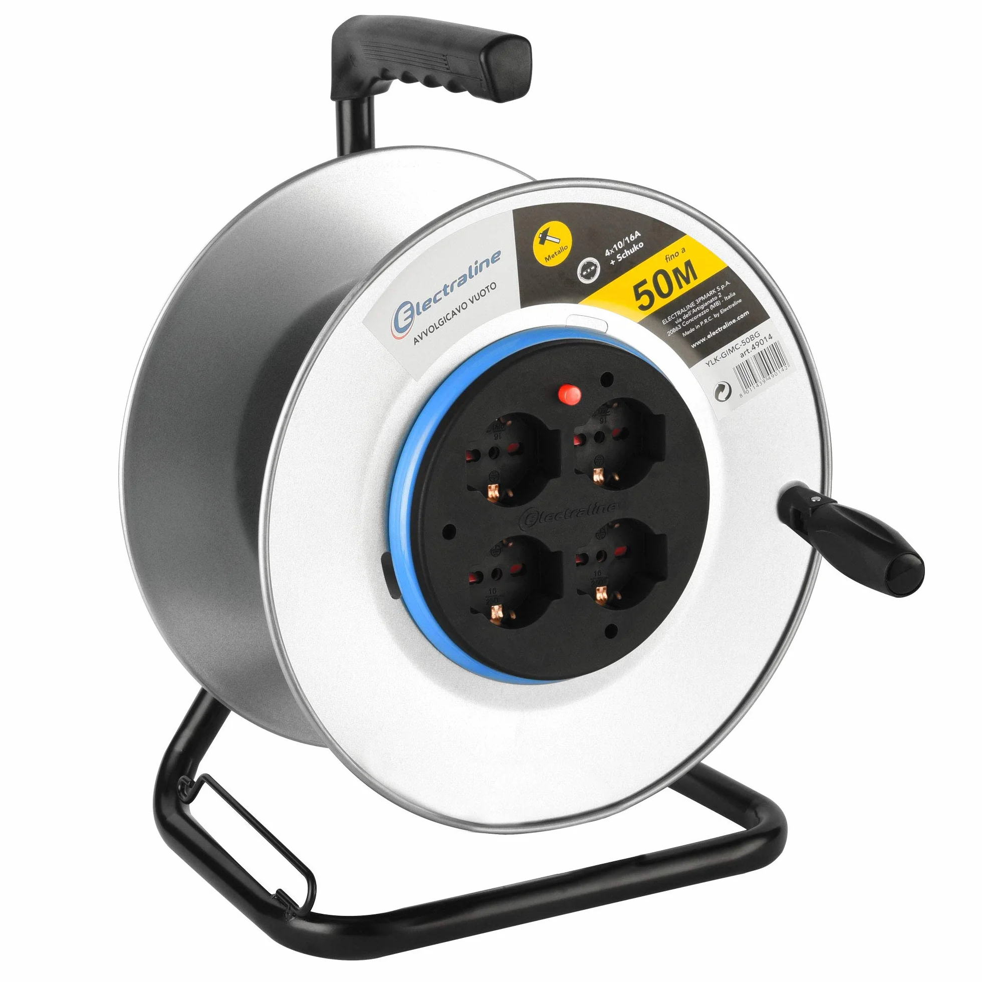 Electraline 49014 Avvolgicavo, Avvolgi-Prolunghe senza cavo in metallo antiruggine con 4 prese 10/16A italiane + Schuko, diametro 290mm per uso professionale