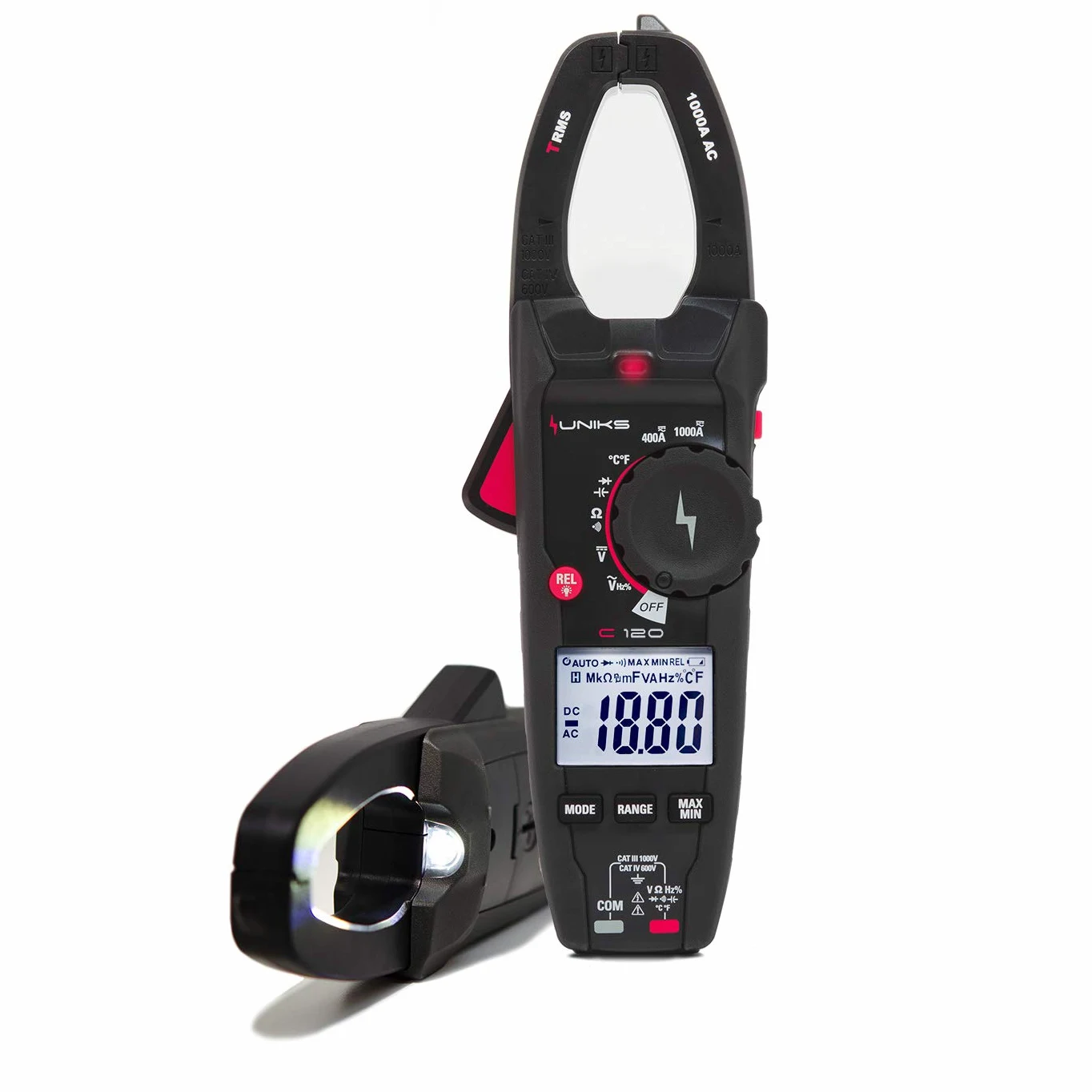 uniks C120 pinza amperometrica TRMS, AC/DC 1000A, voltometro AC/DC 600V cat.IV, 1000V cat.III