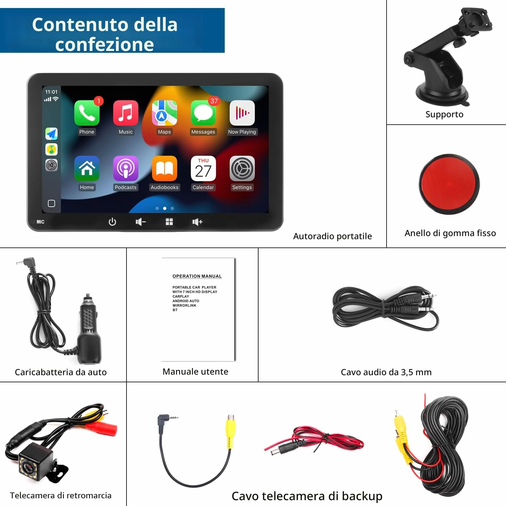 Schermo Auto 7" con Carplay Wireless e Android Auto - Display Portatile con Telecamera Posteriore | FM Trasmettitore, AUX, USB | Plug & Play per la maggior parte delle auto (7 pollici + fotocamera)
