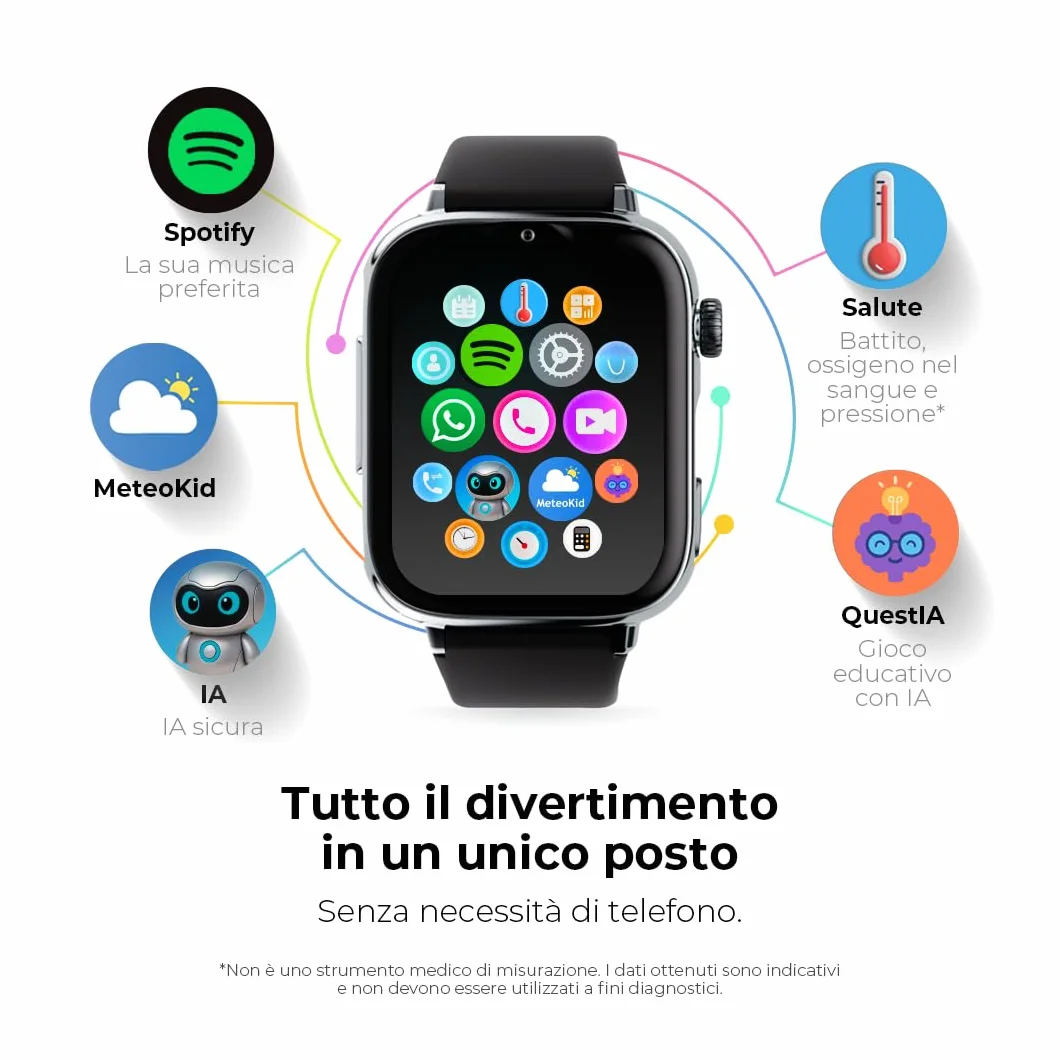SaveFamily SaveWatch Plus 2 | Smartwatch per Bambini con Localizzatore GPS, Chiamate, Video, WhatsApp, Spotify, App Store - Quadrante Nero e Cinturino in Silicone Nero