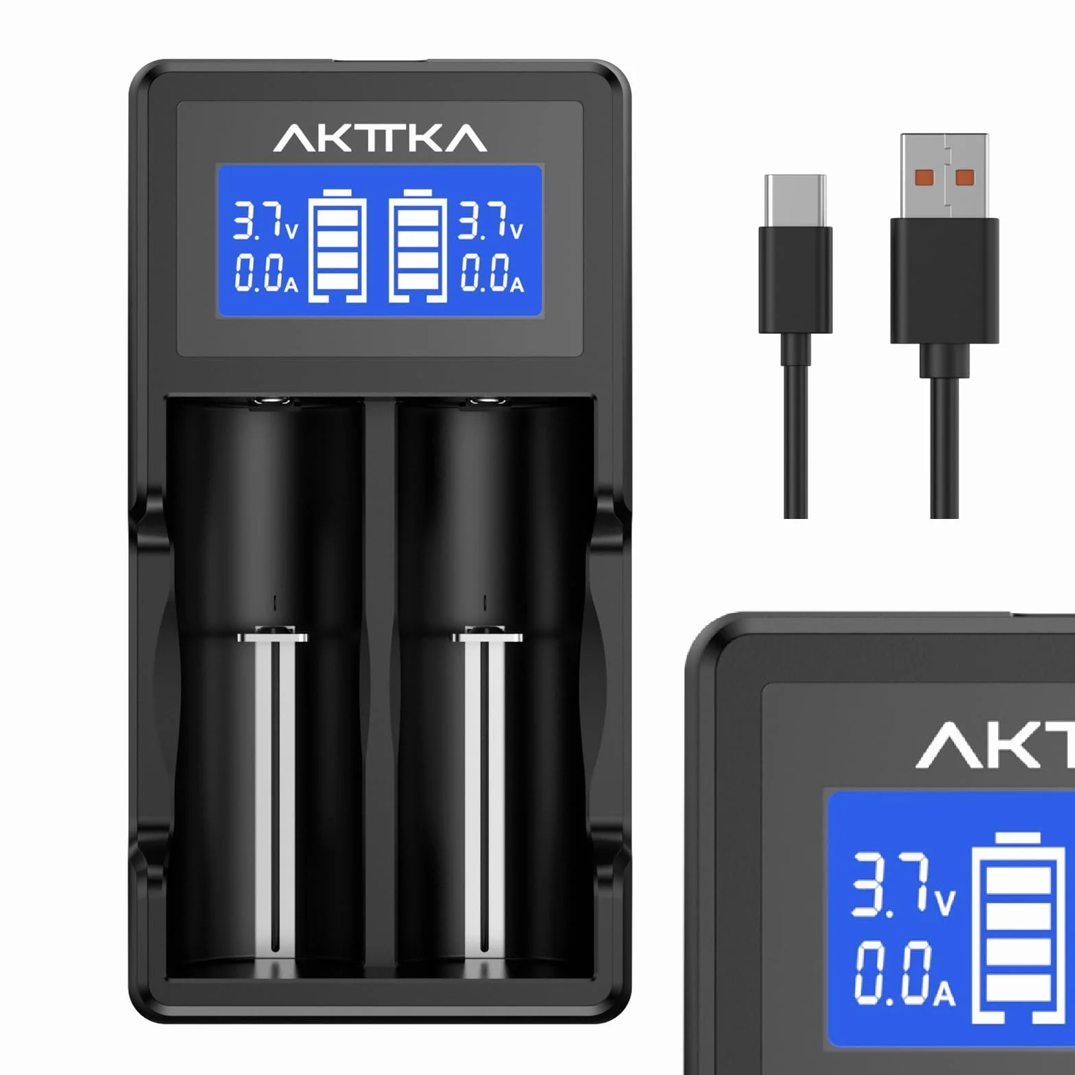 Caricabatterie Intelligente con Schermo LCD e Ricarica Rapida 5V/2A, Compatibile con Batterie Li-Ion 18650/21700/20700/26650 e Ni-MH/Ni-Cd AA/AAA/C, con Porta Type-C