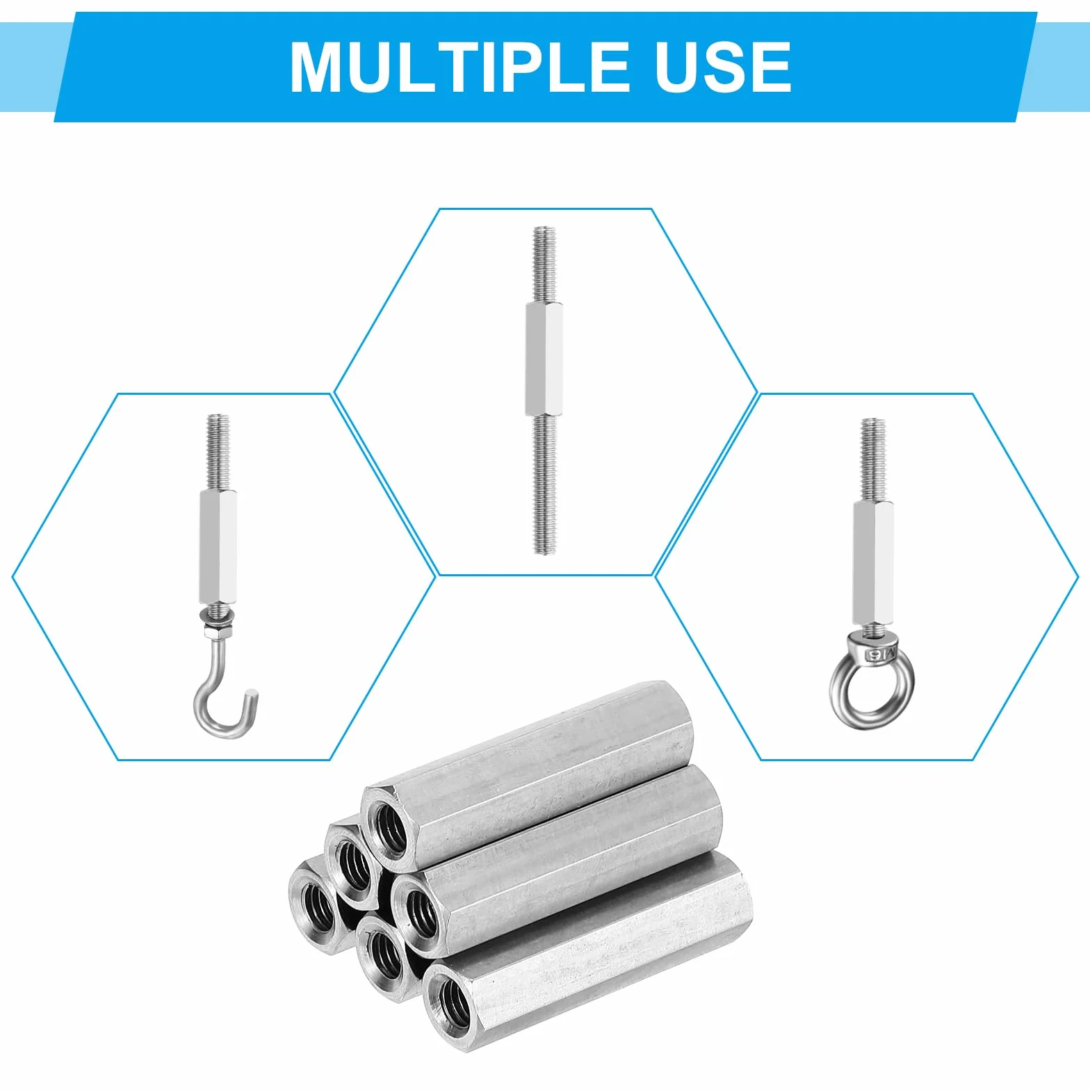 PATIKIL M5 x 0.8-Pitch Dado Esagonale Lungo Acciaio Inossidabile 304, 6 Pezzi 15mm Dadi di Accoppiamento