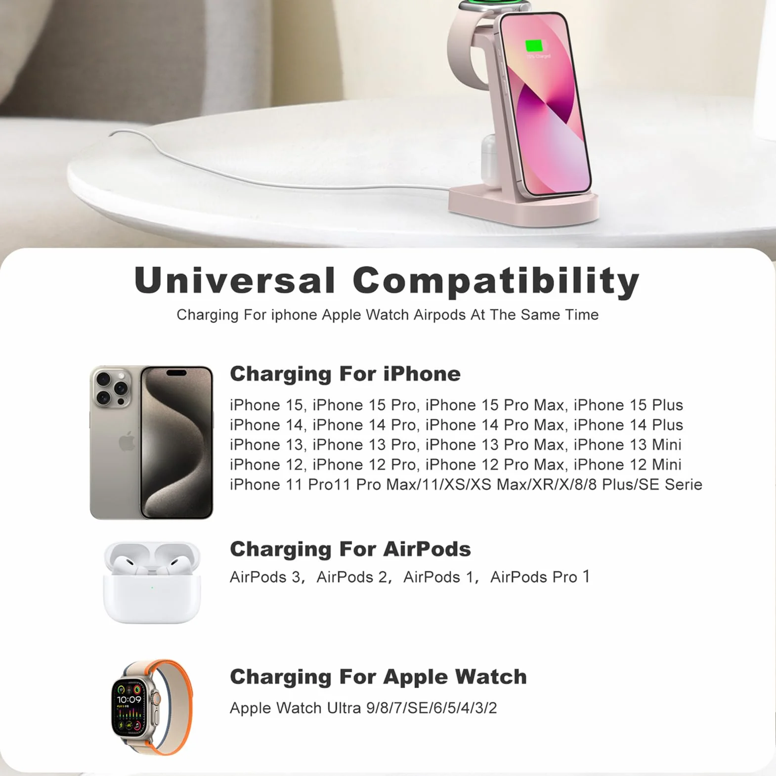 3 in 1 Caricatore Wireless,INNISTO 3 In 1 ricarica wireless station Compatibile Con i phone 15 14 13 12 11 Pro Max/Xs/Xr/X,Caricatore Apple Watch Ultra 9 8 7 6 5 4 3 2 SE,Airpods Pro/3/2/1 Rosa