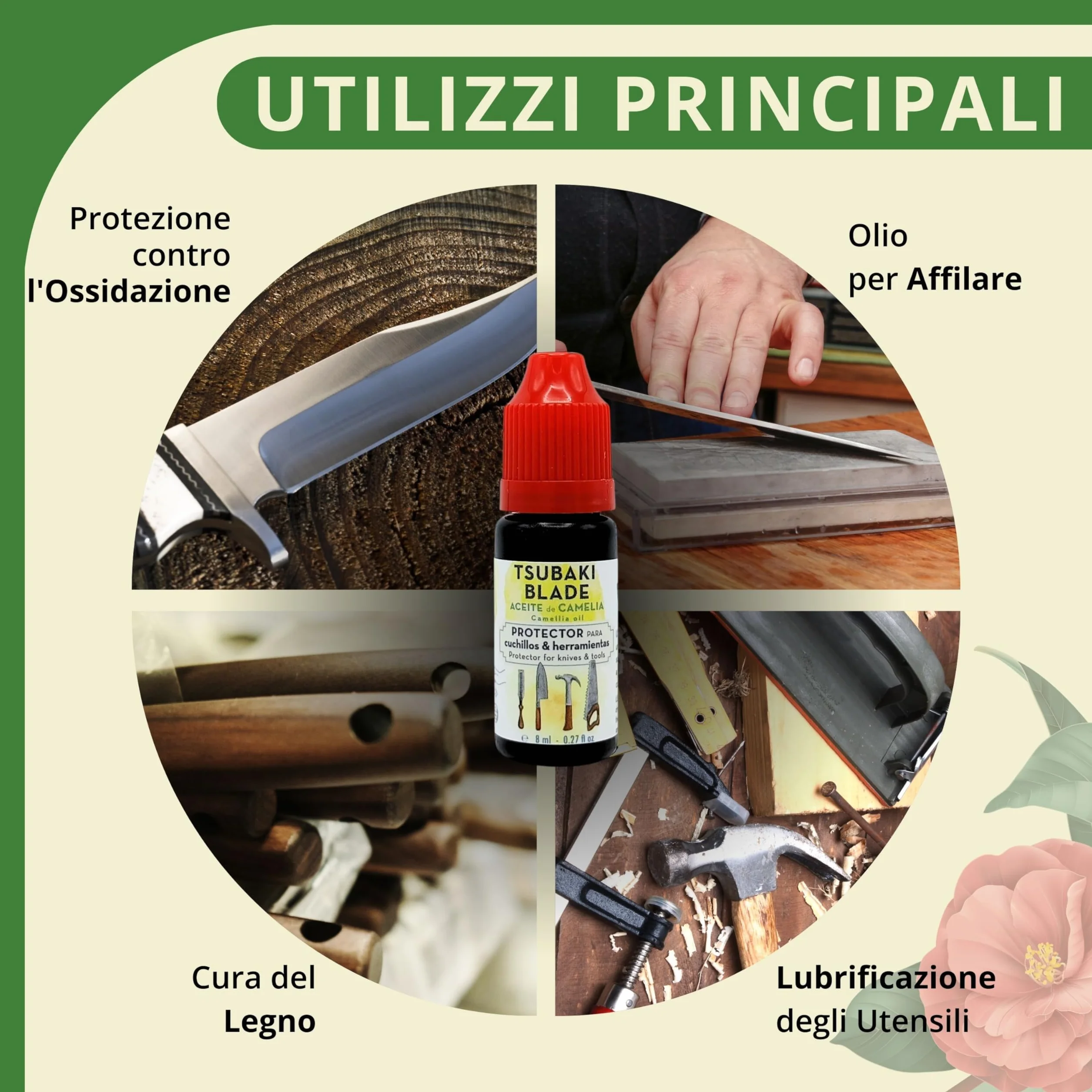 Tsubaki Olio di Camellia per Coltelli e Strumenti Protettore Antiossidante Lubrificante Naturale 100% Puro
