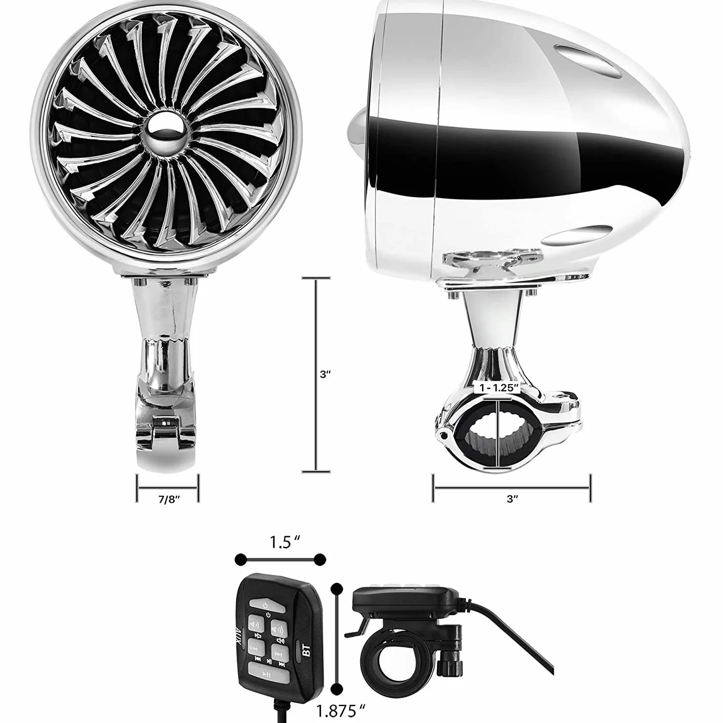 SPK350X 4 pollici Full Range Impermeabile Moto Altoparlanti stereo Bluetooth Amplificatore per Motociclo Sistema audio per ATV RZR UTV (Cromo,Ventilatore)