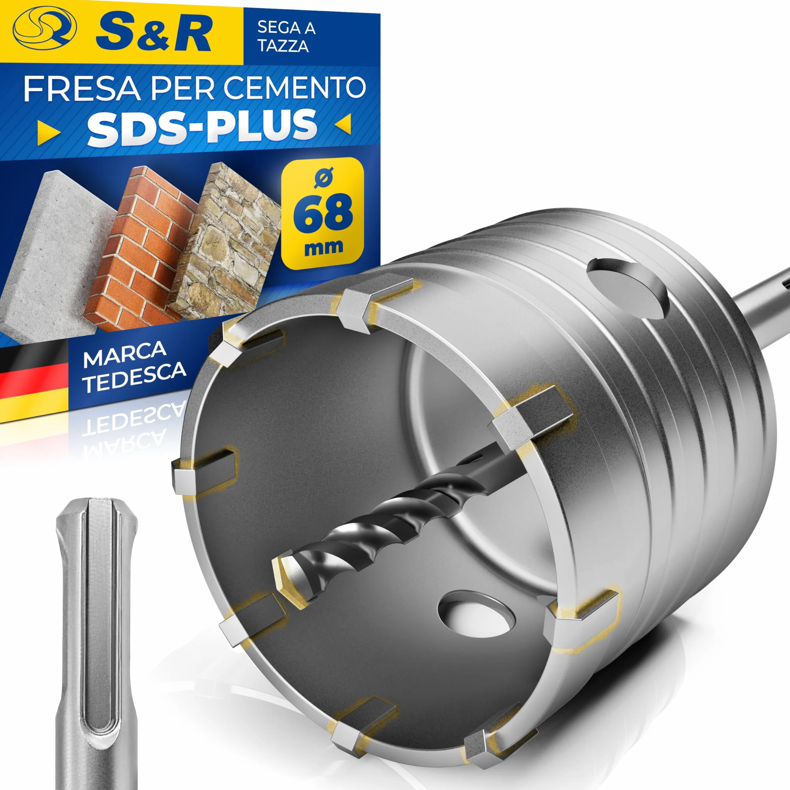 S&R Fresa a Tazza per Muro Cemento Ø 68mm Corona Diamantata Carotatrice a Secco SDS PLUS