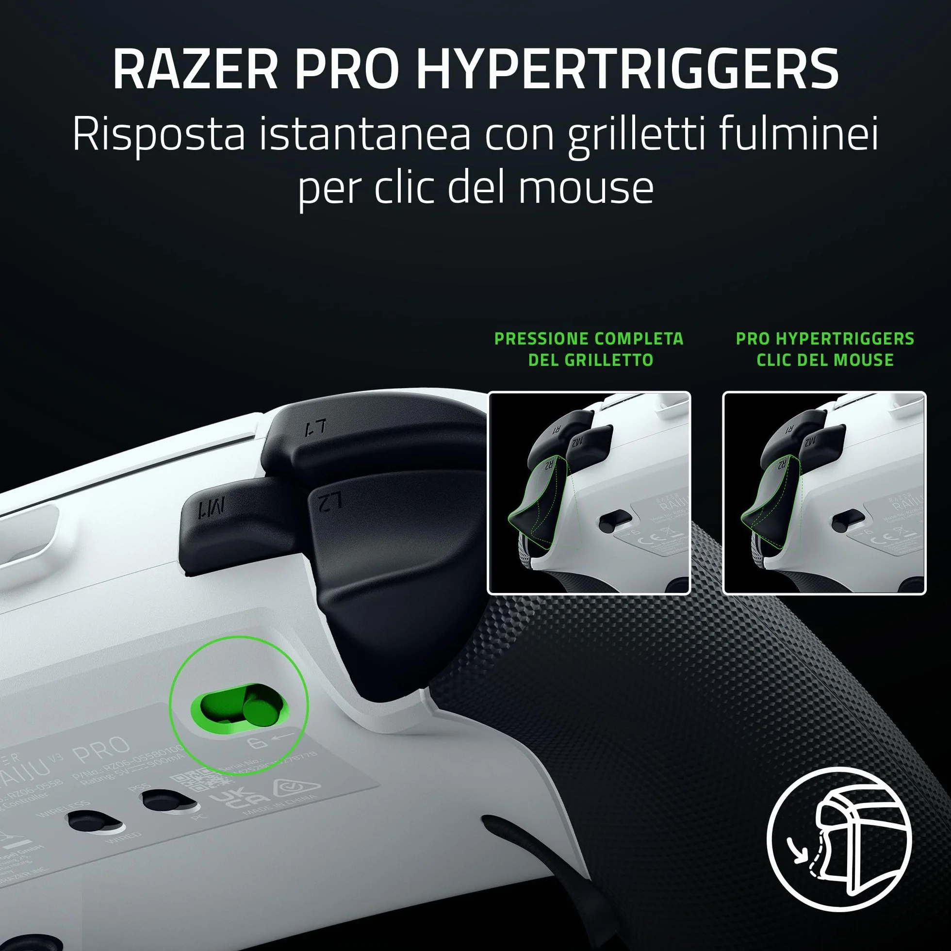 Razer Raiju V3 Pro - Controller wireless per e-sport per PlayStation 5 e PC - 4 pulsanti rimovibili e 2 bumper con impugnatura a artiglio - Stick analogici TMR - Pro HyperTrigger | Bianco