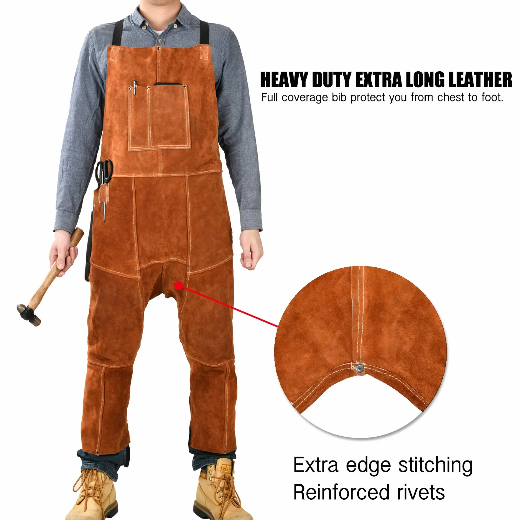 QeeLink Grembiule da Saldatura in pelle, Gamba Divisa Grembiule da Lavoro, Resistente al Calore e Ignifugo Grembiule Falegname con 3 tasche per Fabbro, Carpentiere