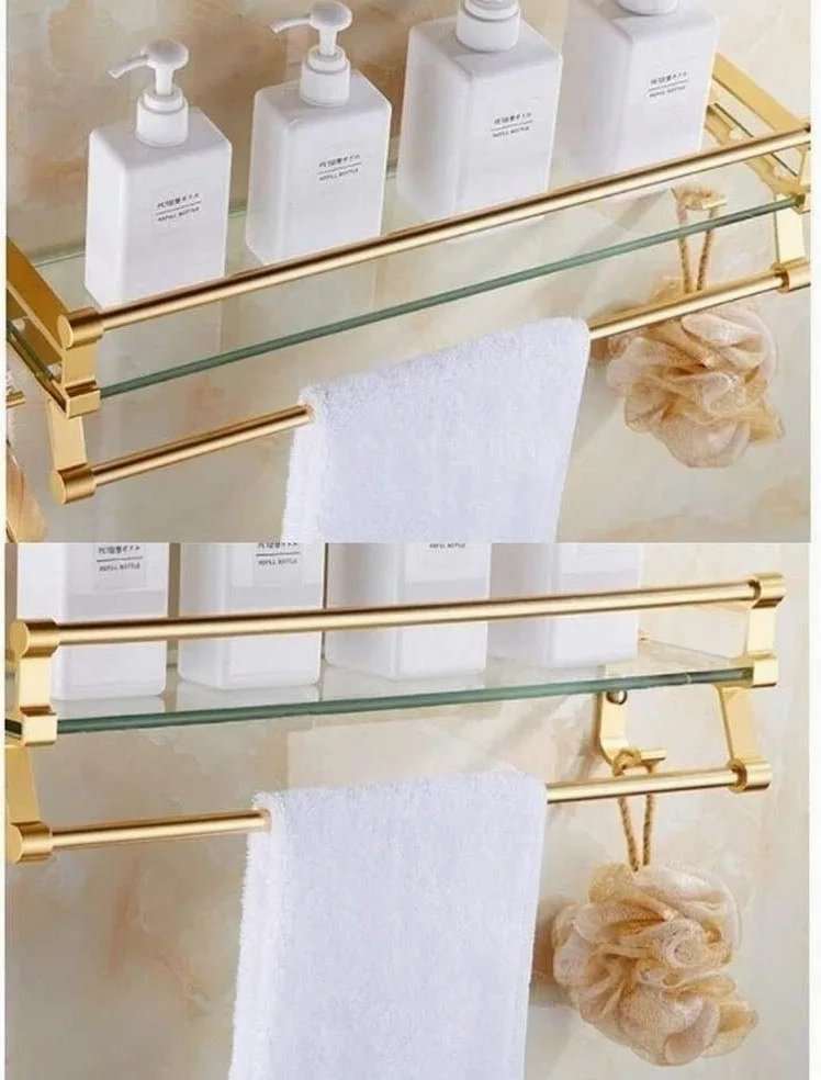 Mensola da bagno moderna in alluminio dorato con barra portasciugamani e barra a parete, in vetro temperato, per doccia (60 cm)