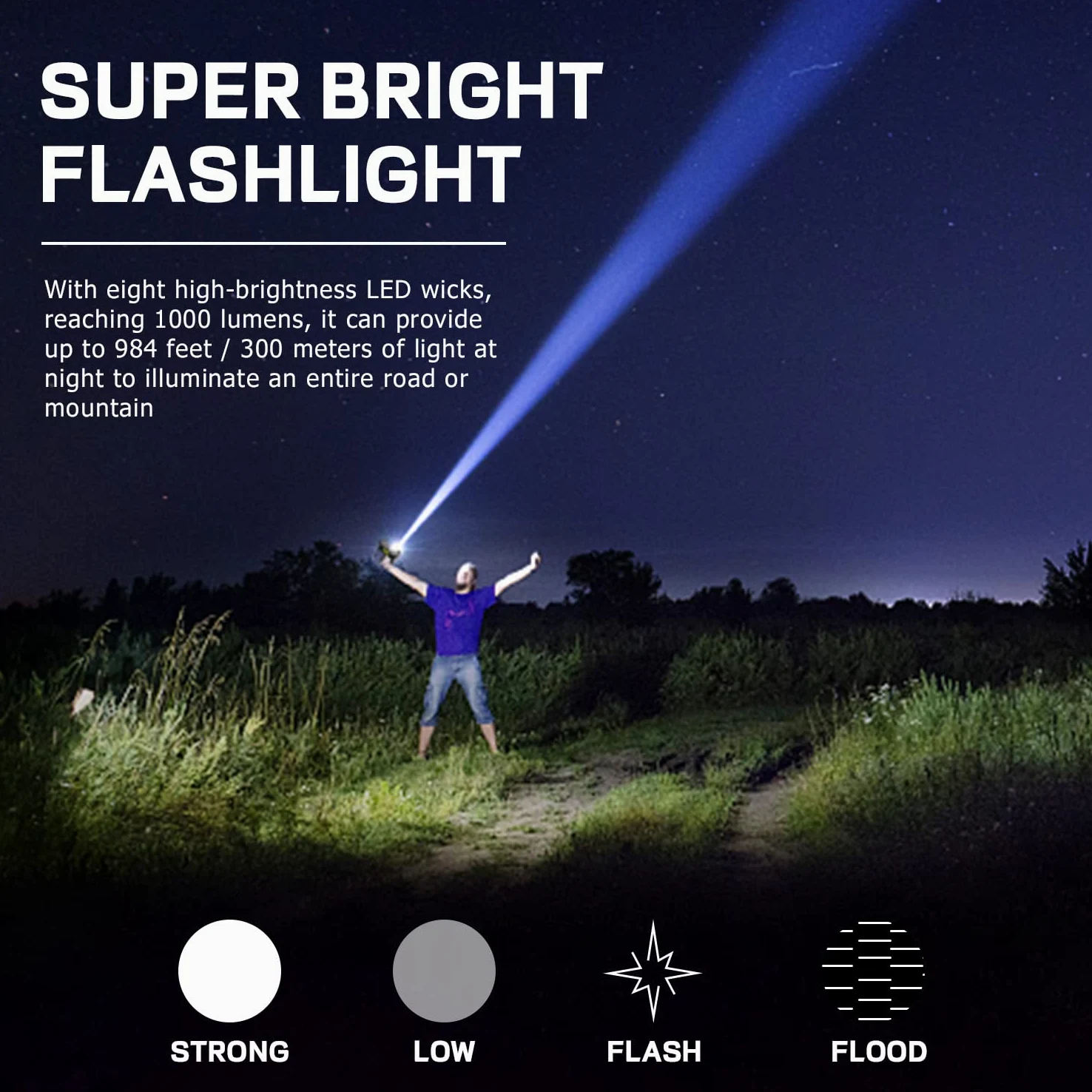 Torcia solare a 8 LED con luce di posizione COB, 1000 lumen, alimentata a energia solare, ricaricabile tramite USB, impermeabile, con 3 modalità, per pesca, campeggio, emergenze