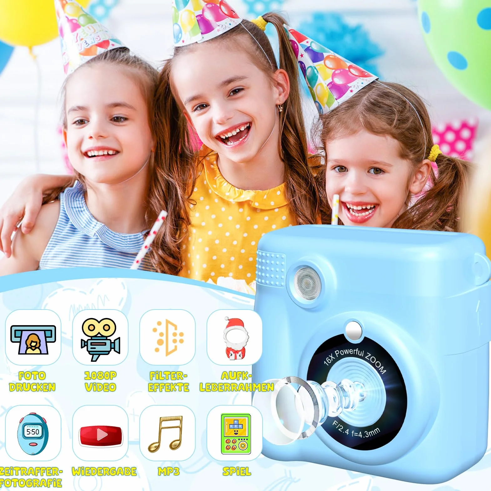 Fotocamera digitale per bambini, con stampa istantanea, 1080P, in bianco e nero, per foto (blu)..