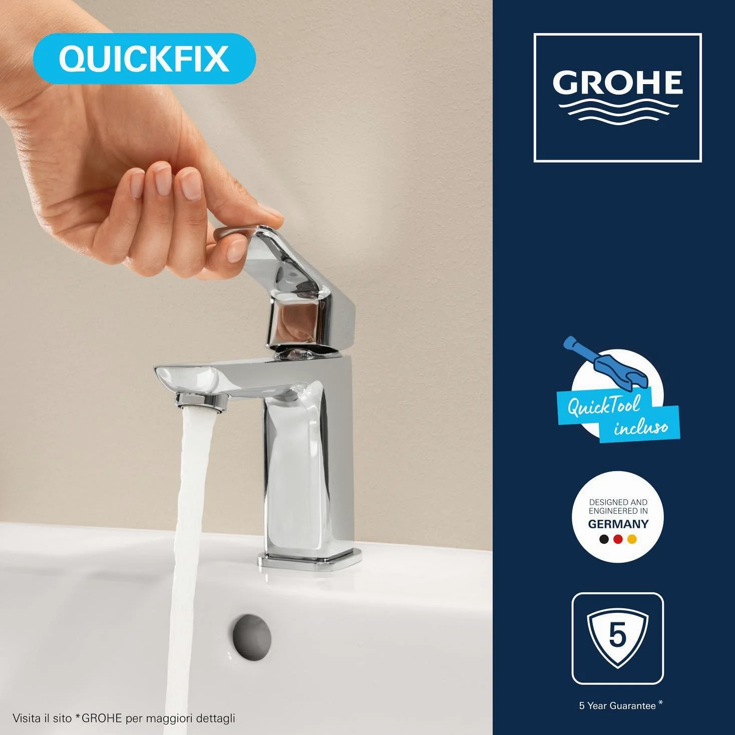 GROHE Dice Rubinetto miscelatore per lavabo con piletta click-clack (S-Size 152 mm, cartuccia ceramica 28 mm, risparmio idrico, facile da installare), cromo, 1018570000
