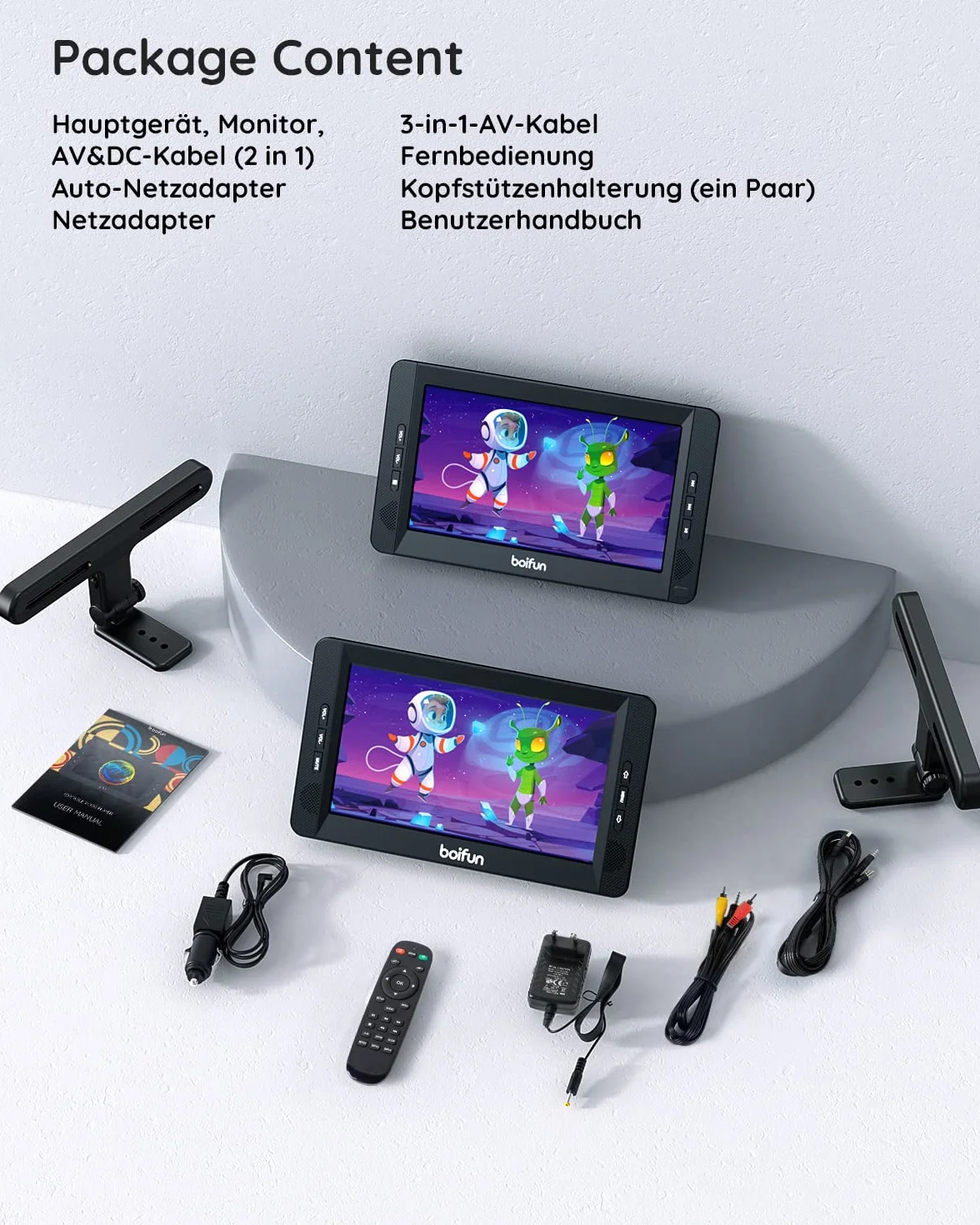 BOIFUN Lettore DVD Auto 2 Schermi 10,5'' con batteria 7 ore per TV portatile, poggiatesta 2 monitor 1024 * 600 HD, supporto poggiatesta USB AV IN/Out FM