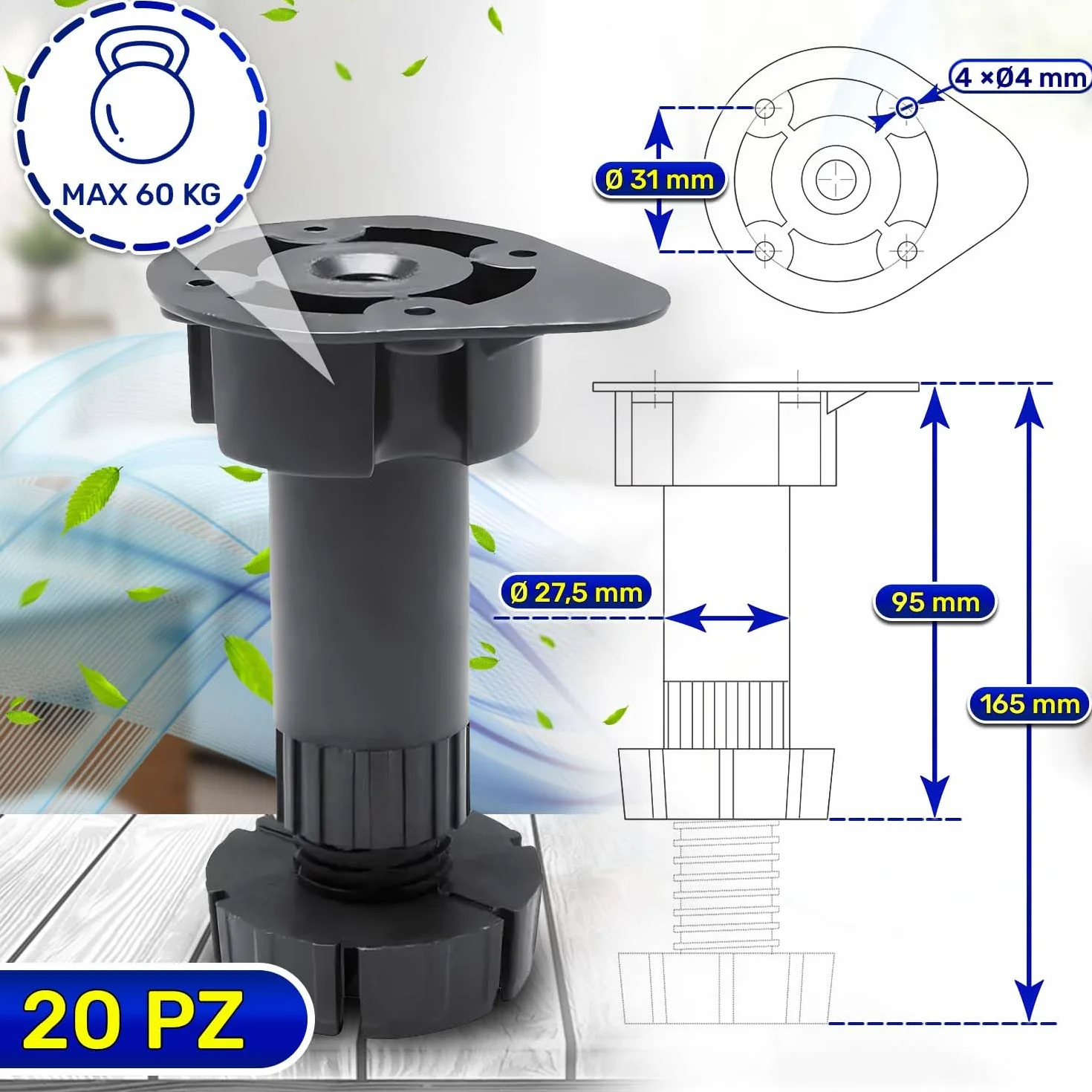 MONTERAL 20 Pezzi Piedini Regolabili per Mobili 95-165 mm Ø 27,5 mm Capacità di Carico 60 kg