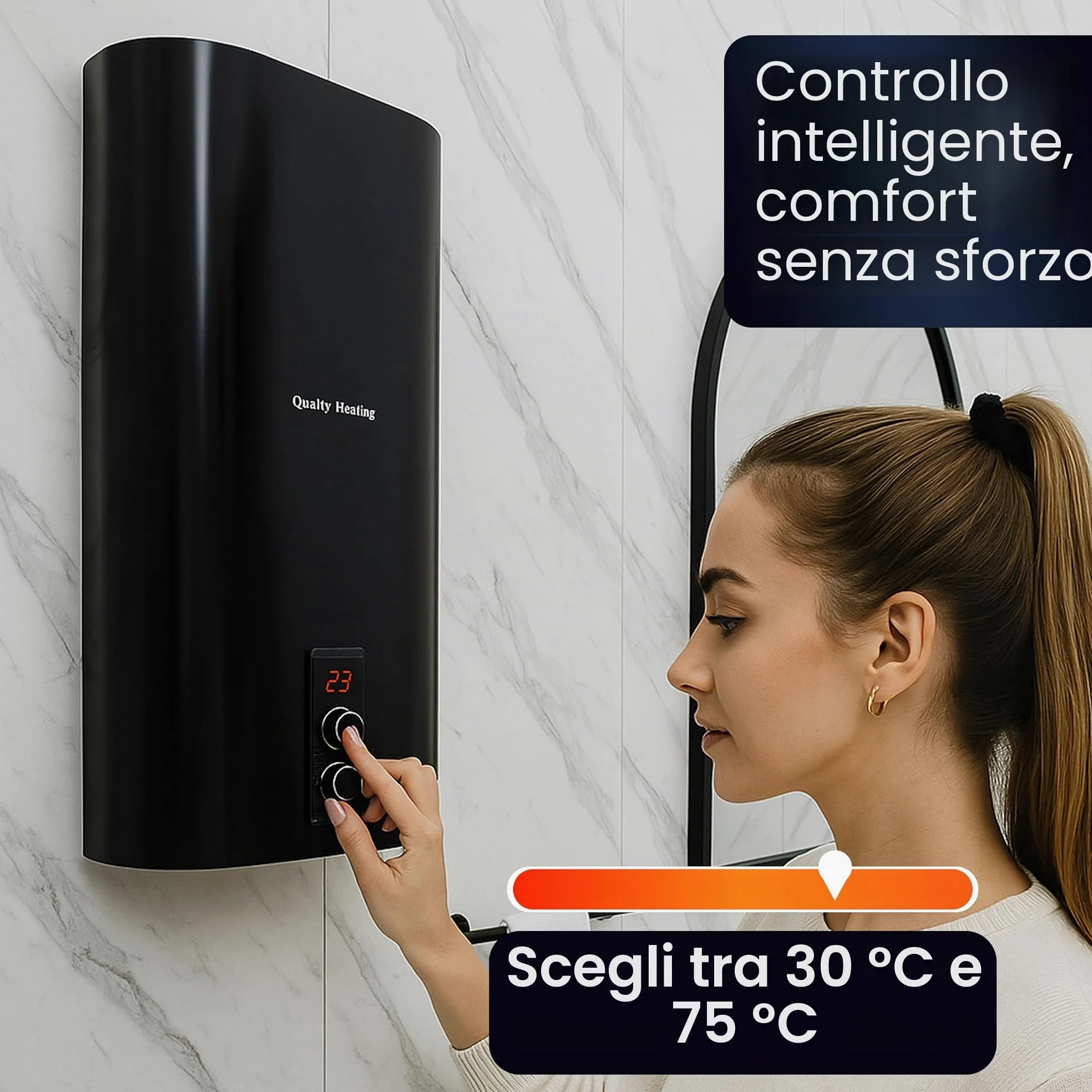 scaldabagno elettrico 30 L, 1500 W, controllo digitale, valvola di sicurezza inclusa, installazione a parete, efficiente, boiler elettrico bianco