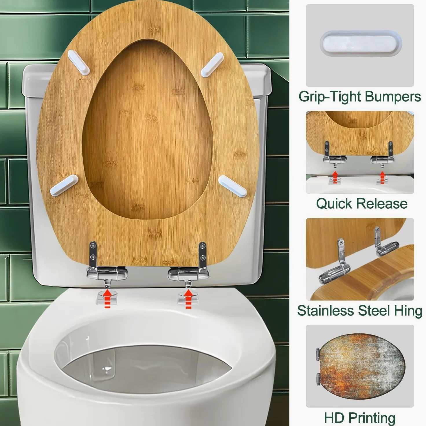 Copriwater allungato con chiusura ammortizzata e sgancio rapido in legno, facile da installare, stile grunge, decorazione murale per il bagno.