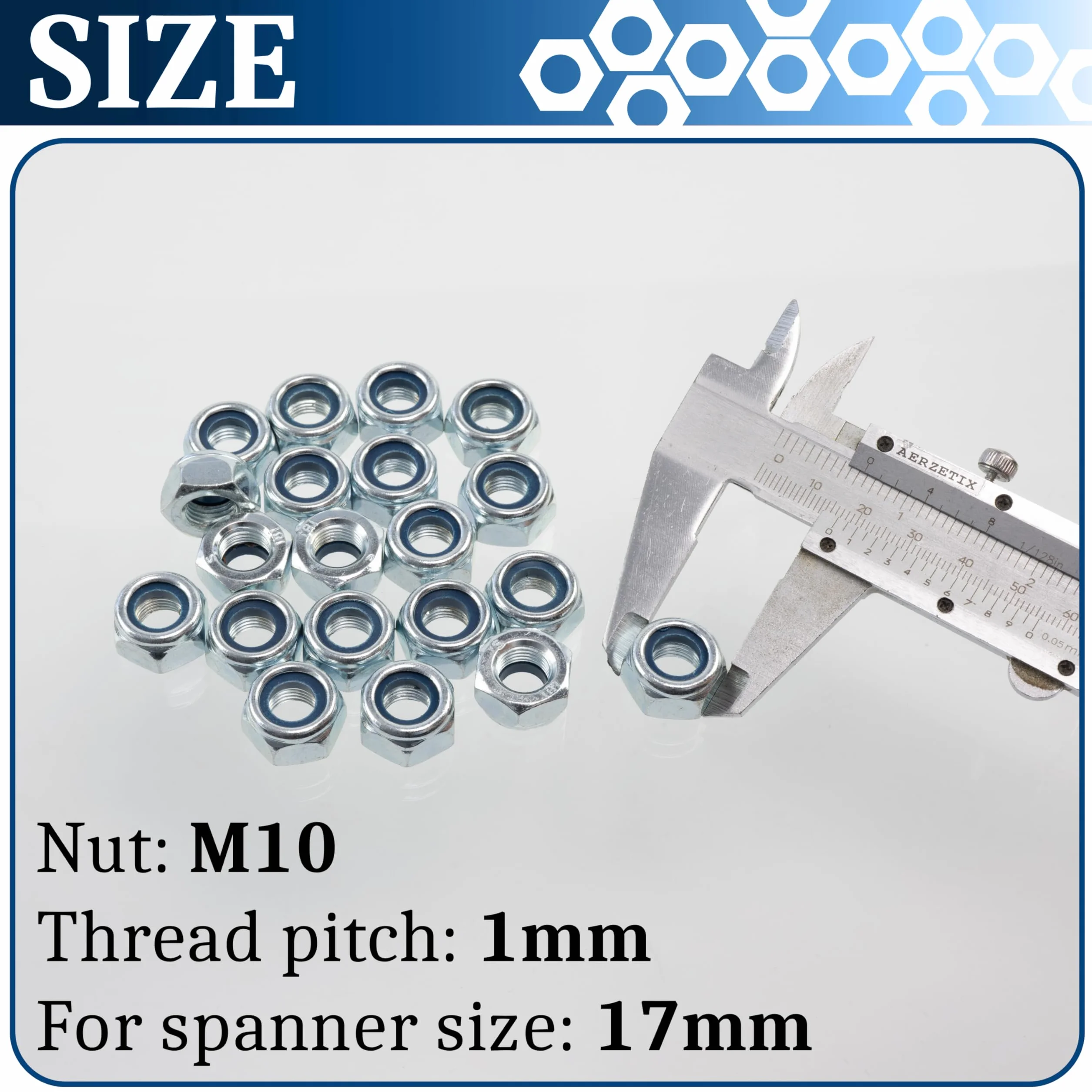AERZETIX Set di 20 Dadi di bloccaggio M10x1mm esagonali acciaio zincato argento