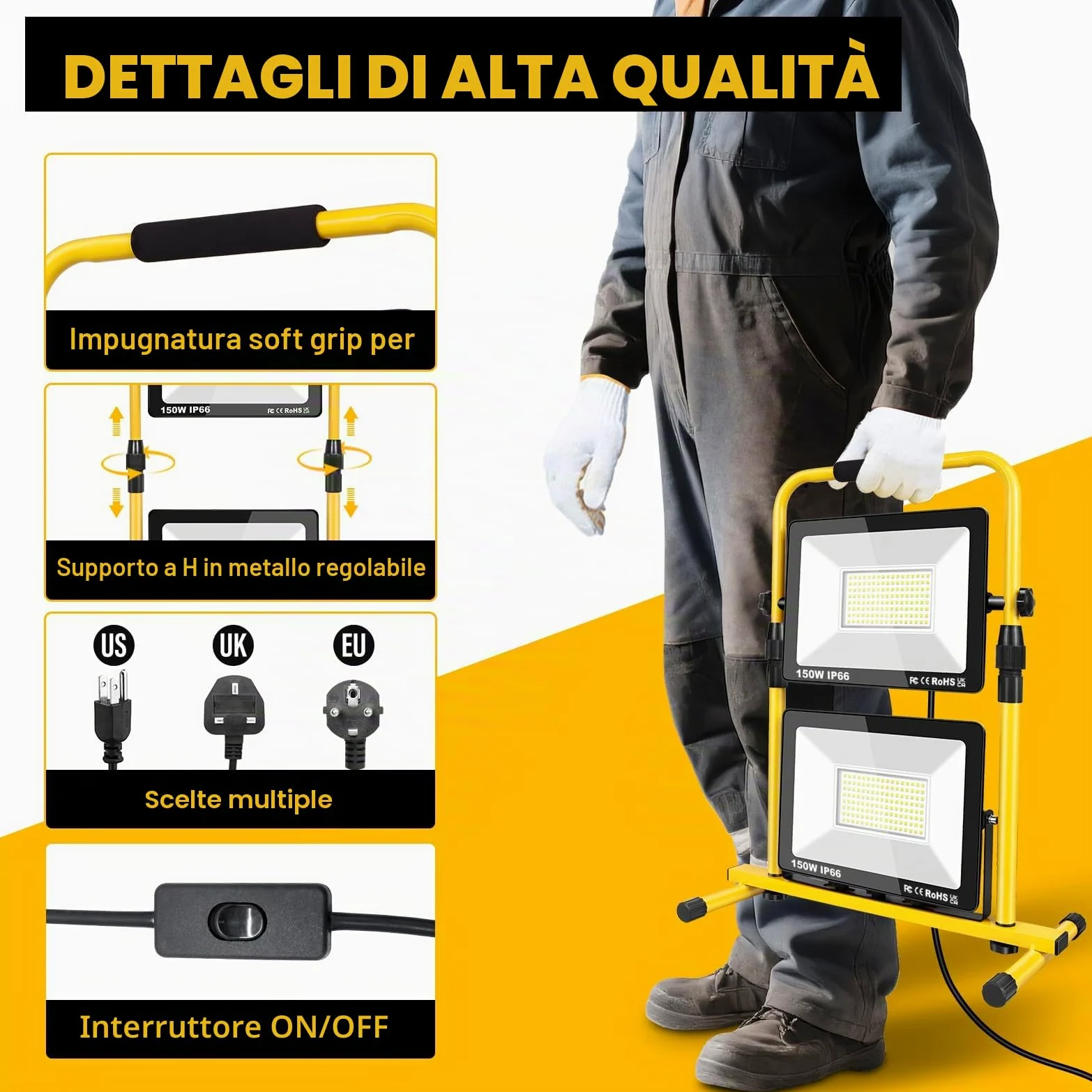 SKYWORLD 300W Faretto Led da Cantiere, 30000LM Faro da Cantiere Portatile | Proiettori Faretti Led con 5M Cavo e Spina, Impermeabile Lampada per Lavori Officina Garage Giardino Cantieri, 6000K Bianco