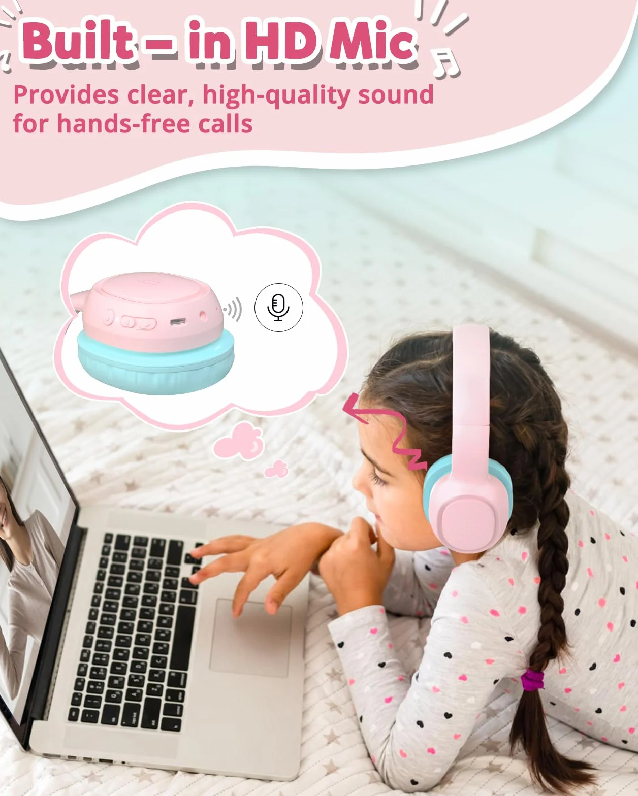 Tronsmart KH02 Cuffie Bluetooth 5.3 per bambini, Limite volume 74/85/93 dB, 45 Ore di Riproduzione, Cavo Audio integrato, Cuffie Wireless Pieghevoli con Microfono per Scuola, Viaggio, Aereo - Rosa