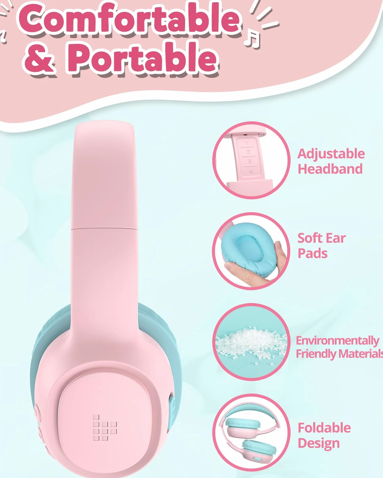 Tronsmart KH02 Cuffie Bluetooth 5.3 per bambini, Limite volume 74/85/93 dB, 45 Ore di Riproduzione, Cavo Audio integrato, Cuffie Wireless Pieghevoli con Microfono per Scuola, Viaggio, Aereo - Rosa