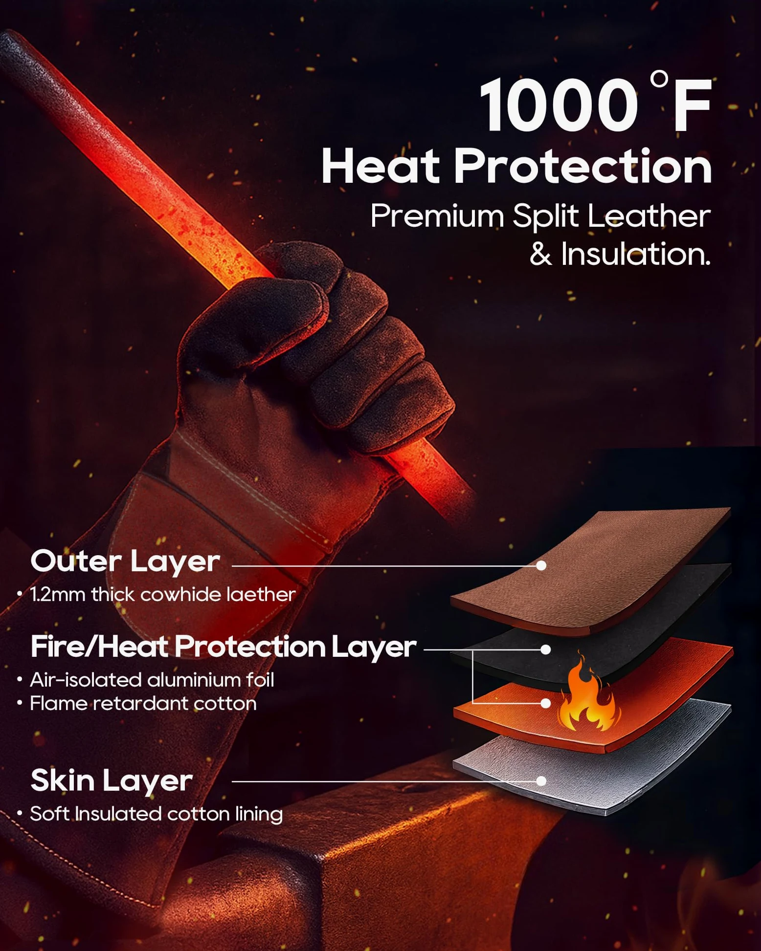 TOPDC Guanti ignifughi in pelle rinforzata con cuciture in kevlar per MIG, Tig, Stick, Forge, BBQ, Grill, forno, camino, fornace, manipolazione animali, XL