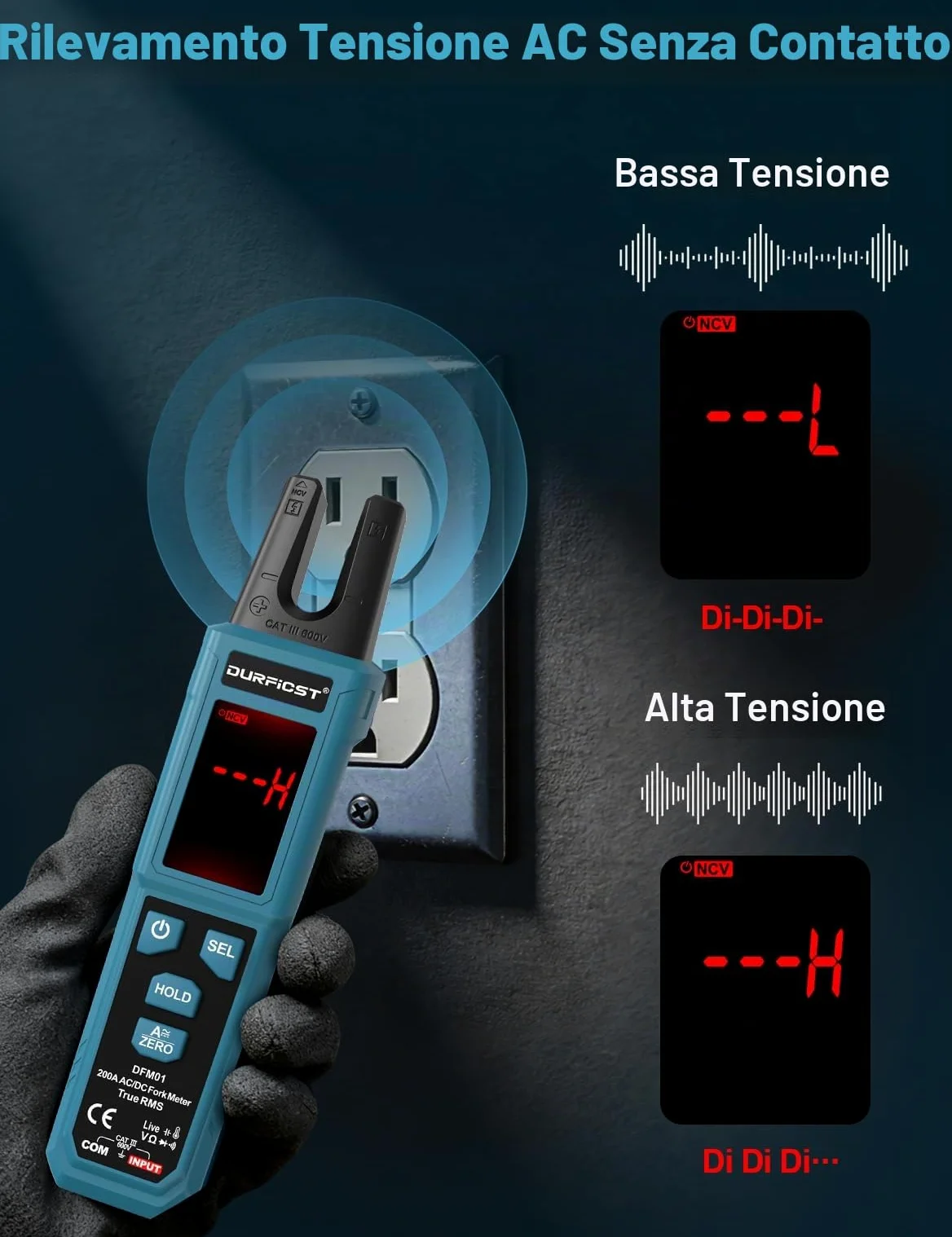 DURFICST Pinza Amperometrica TRMS 4000 Conteggi, con AC/DC 200 A & 600 V | Digitale Pinza Amperometrica AC DC con Test NCV, Continuità, Misurazione di Capacità e Temperatura