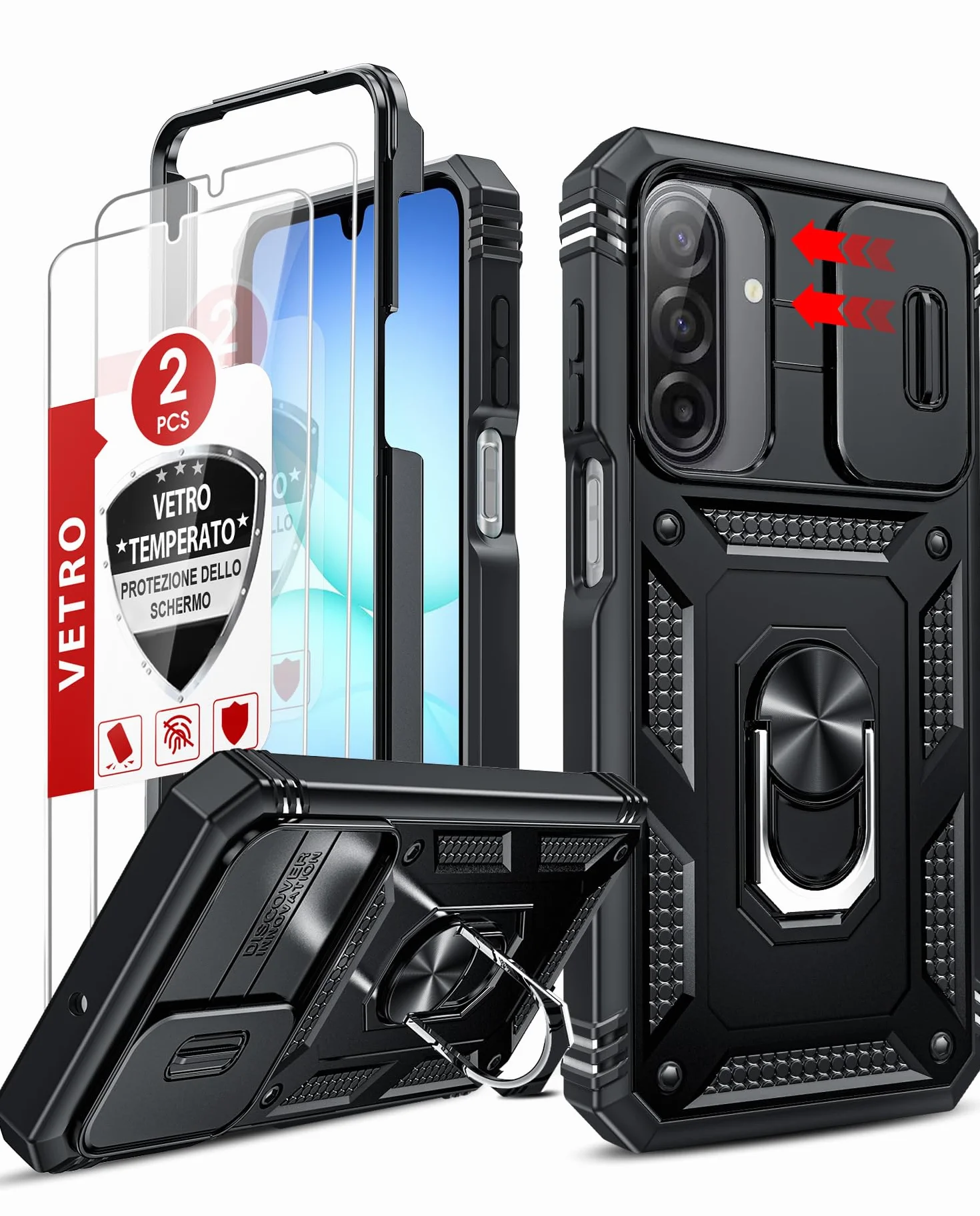 LeYi Cover per Samsung A17 5G con Vetro Temperato [2 Pack],Custodia per Samsung Galaxy A 17 con Protezione Fotocamera [Slidable] Antiurto Grado Militare 360° Anello Supporto TPU Bumper Case, Nero