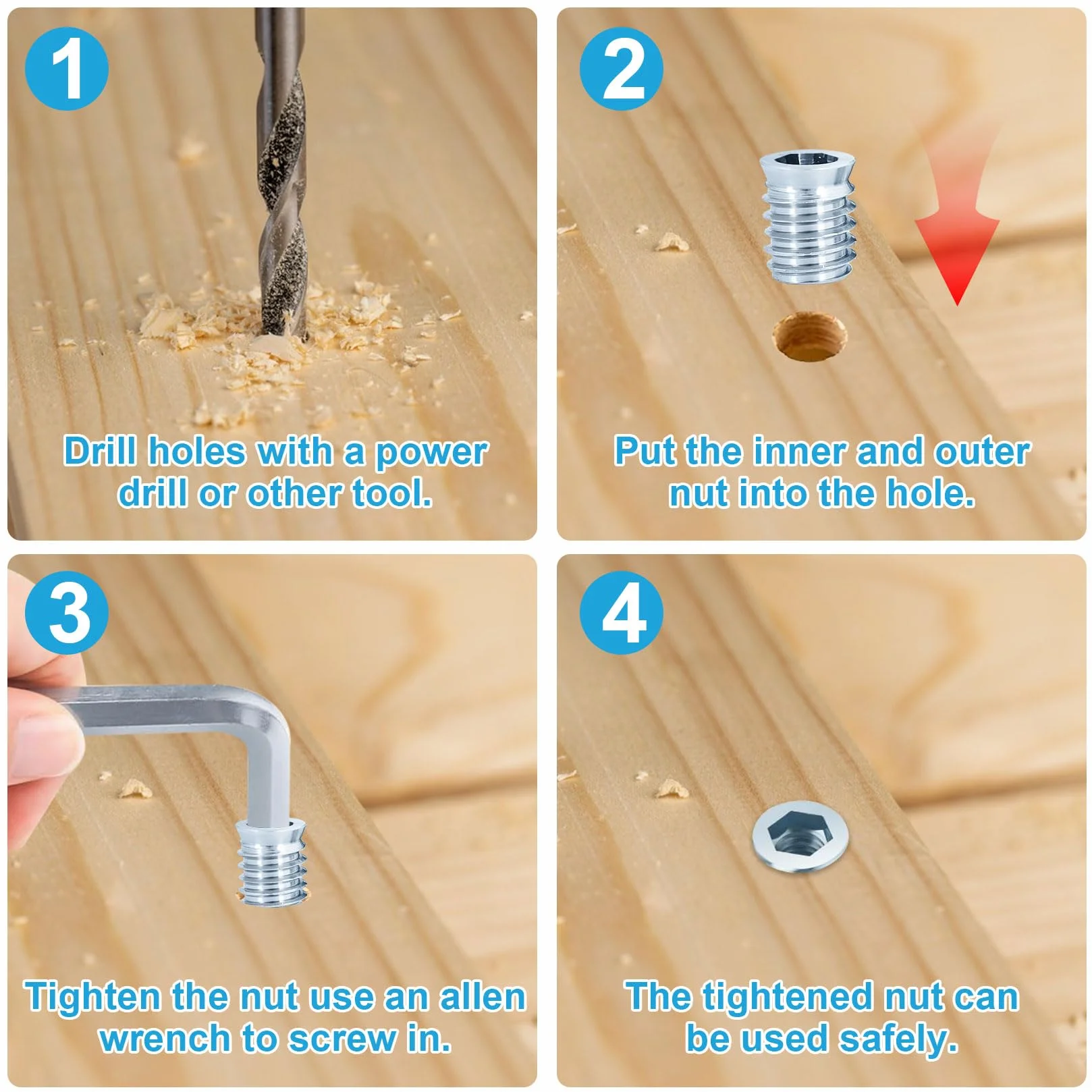 50 Pz Inserti Filettati Dado M6 x 10mm, Rivetti Filettati, Boccole Filettate per Legno, Dado Avvitabile Manicotti Filettatio, Bussole Filettate a Esagono Incassato per Mobili Legno