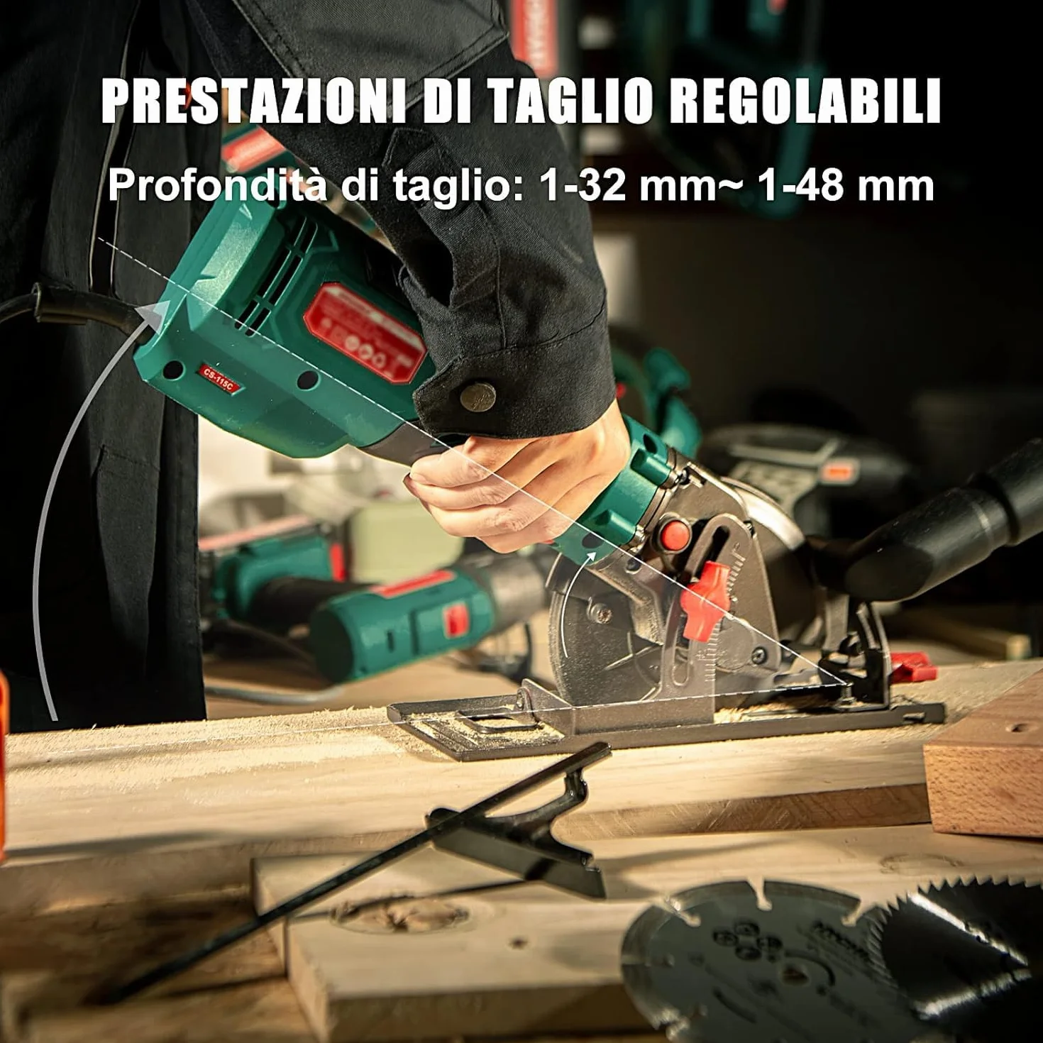 HYCHIKA Mini Sega Circolare 750W 3500RPM, Sega Compatta con 3 Lame (24T/60T/9T) per Legno, Metallo e Piastrelle, Taglio Inclinato 45°/90° (Profondità Max 48mm), Fai da Te