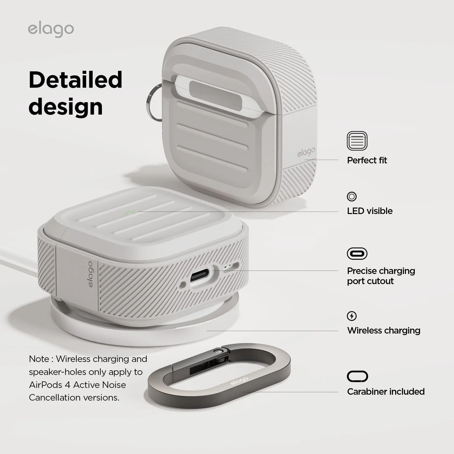 elago Armor Custodia Compatibile con la Custodia AirPods 4 - Compatibile con la Custodia AirPods 4, Moschettone Incluso, Supporta la Ricarica Wireless, Protezione Totale (Pietra)