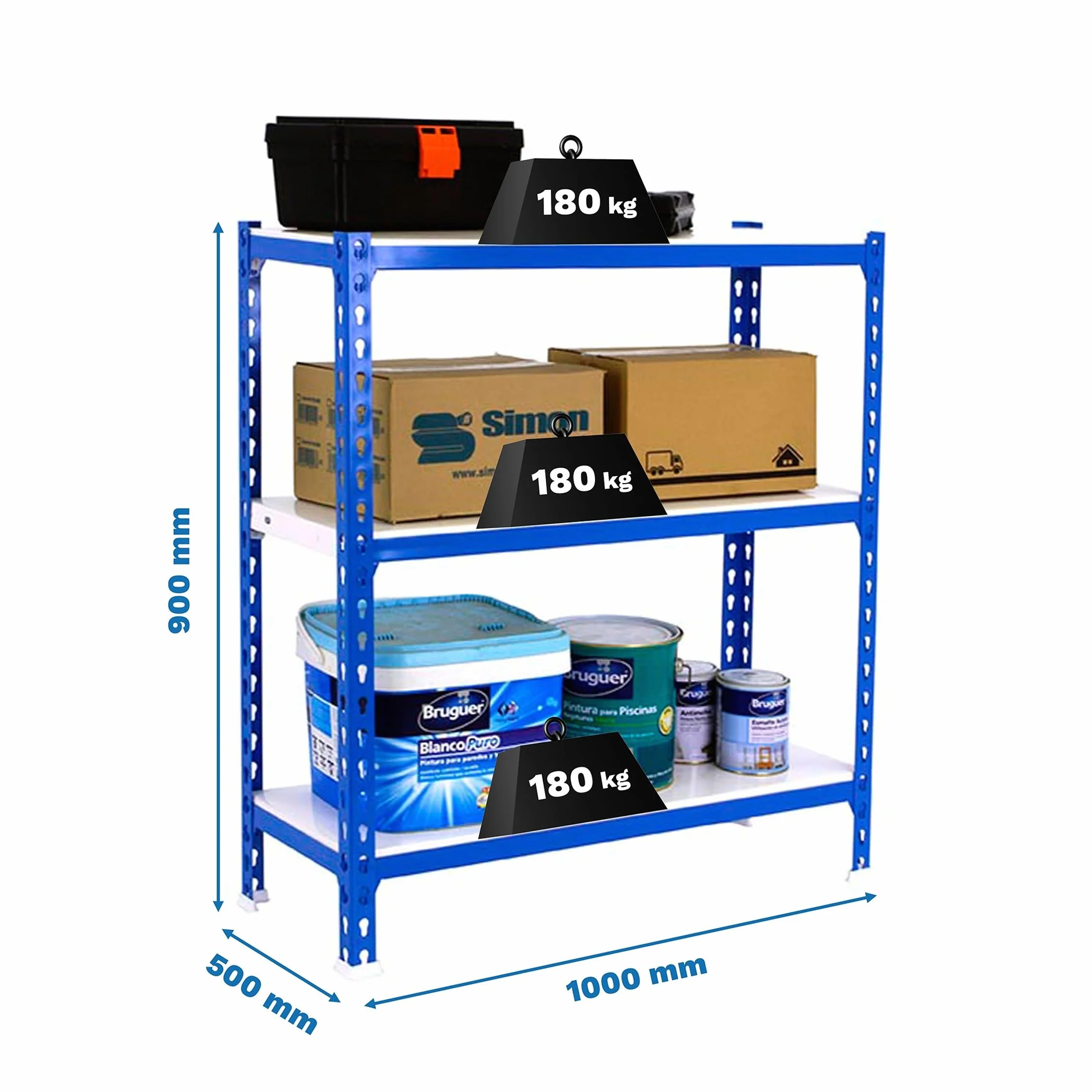 Simon Rack Étagère Rangement 3 Niveaux 180 kg Charge Lourde 900x1000x500 mm Bleu Blanc