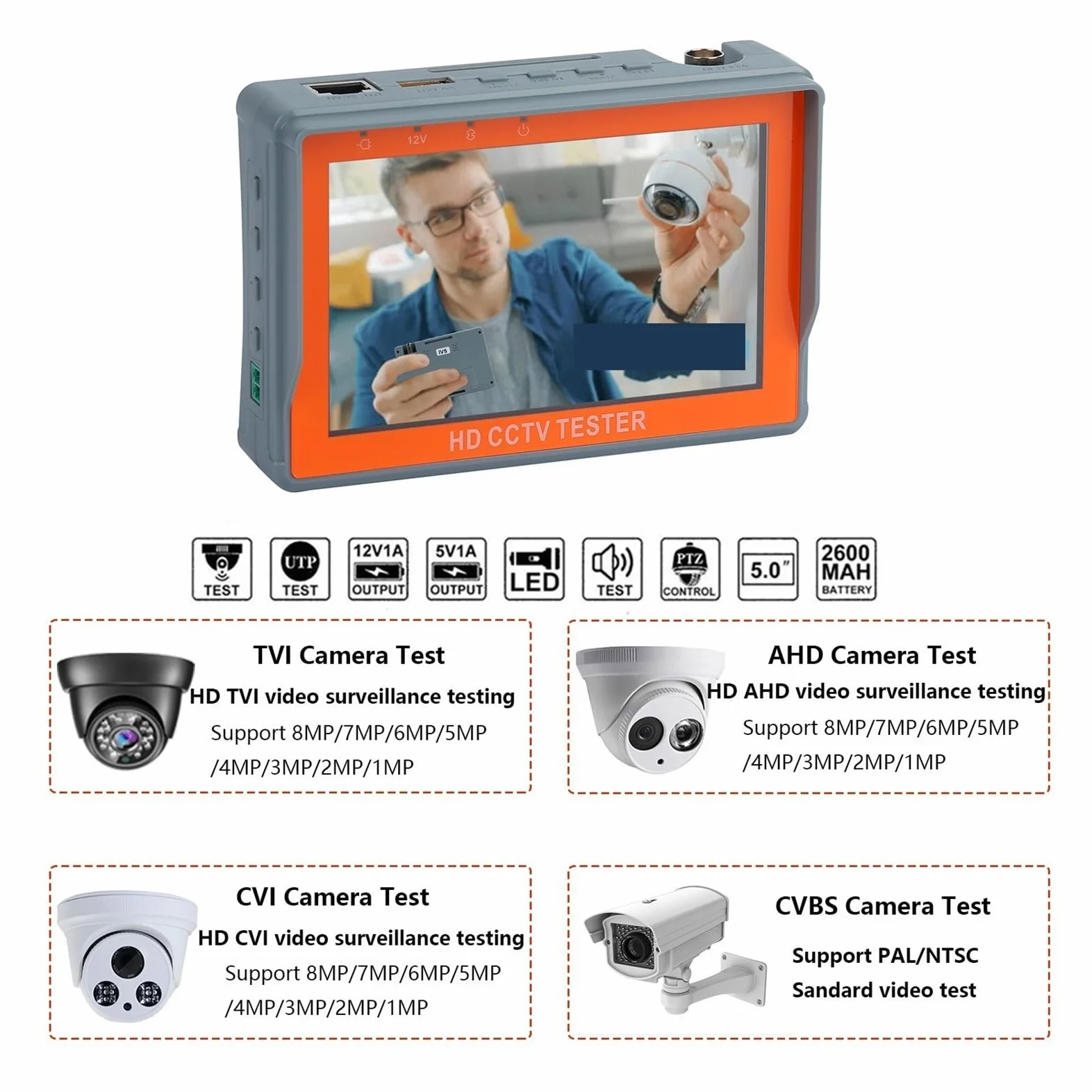 CCTV Tester IV5 8MP 12V1A AHD TVI CVI 5 ''Monitor di Sicurezza PTZ Supporto Pal/NTSC Segnale Video CVBS Test Tester CCTV Portatile