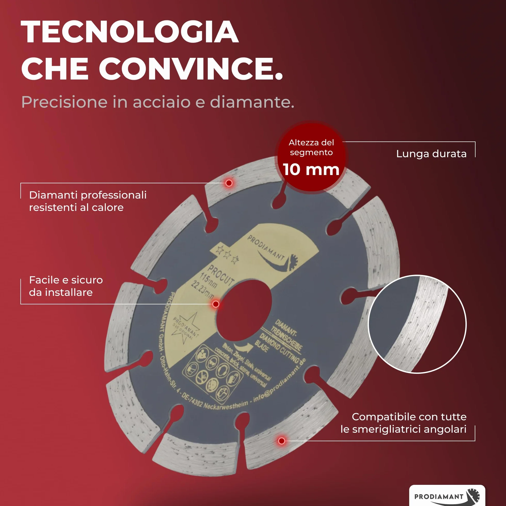 PRODIAMANT Disco Diamantato Universale 115 mm x 22,23 mm segmento 10 mm per smerigliatrice angolare