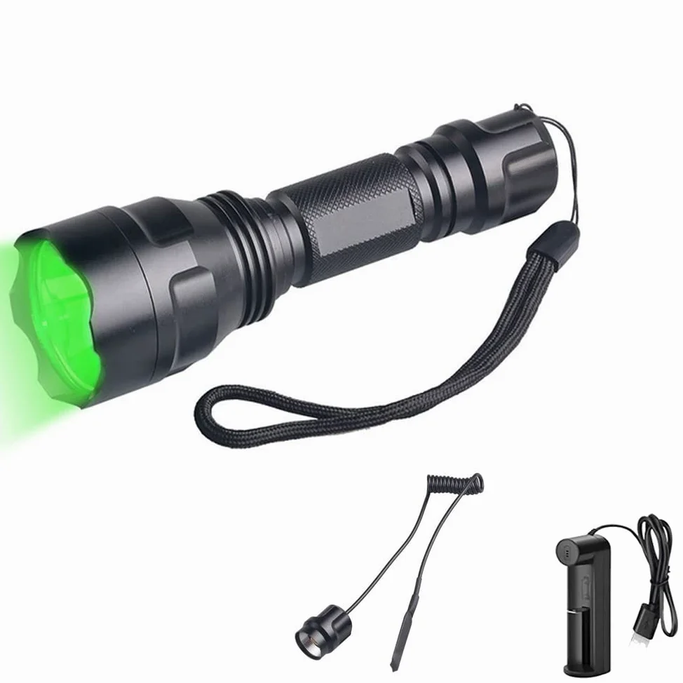 Torcia Verde da caccia, 1200 Lumens Torcia Potente da LED Ricaricabile Impermeabile 1 Modalità Tattica Torce Luce Verde con Pressostato e Caricabatteria per la Notturna
