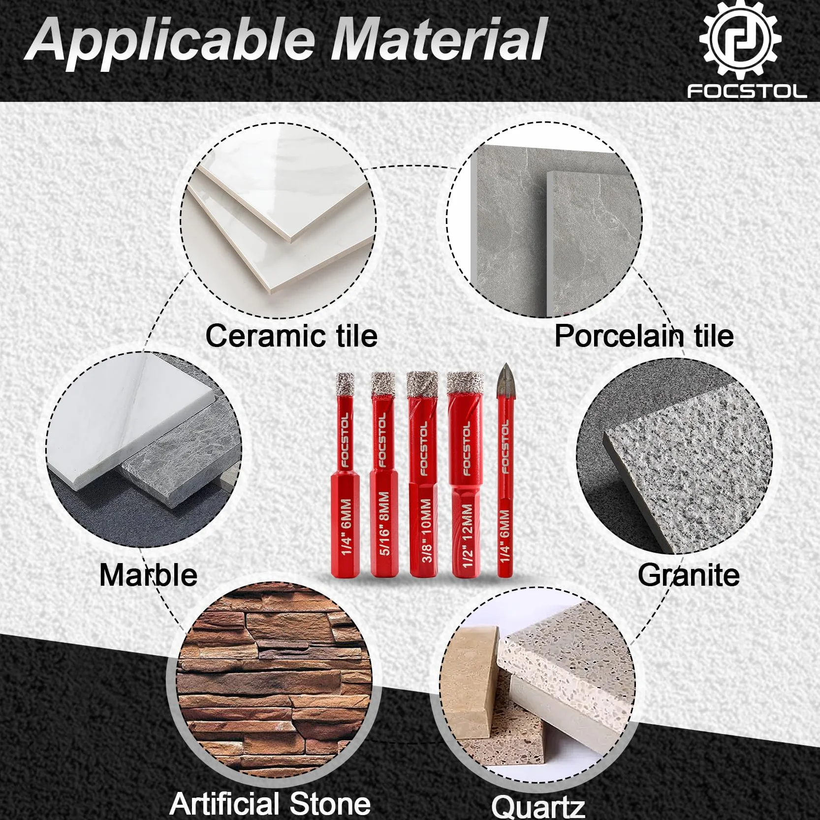 FOCSTOL Set Punte Trapano Diamantate 5 pezzi 6/8/10/12mm Sega a Tazza Diamantata per Porcellanato Ceramica Marmo Granito