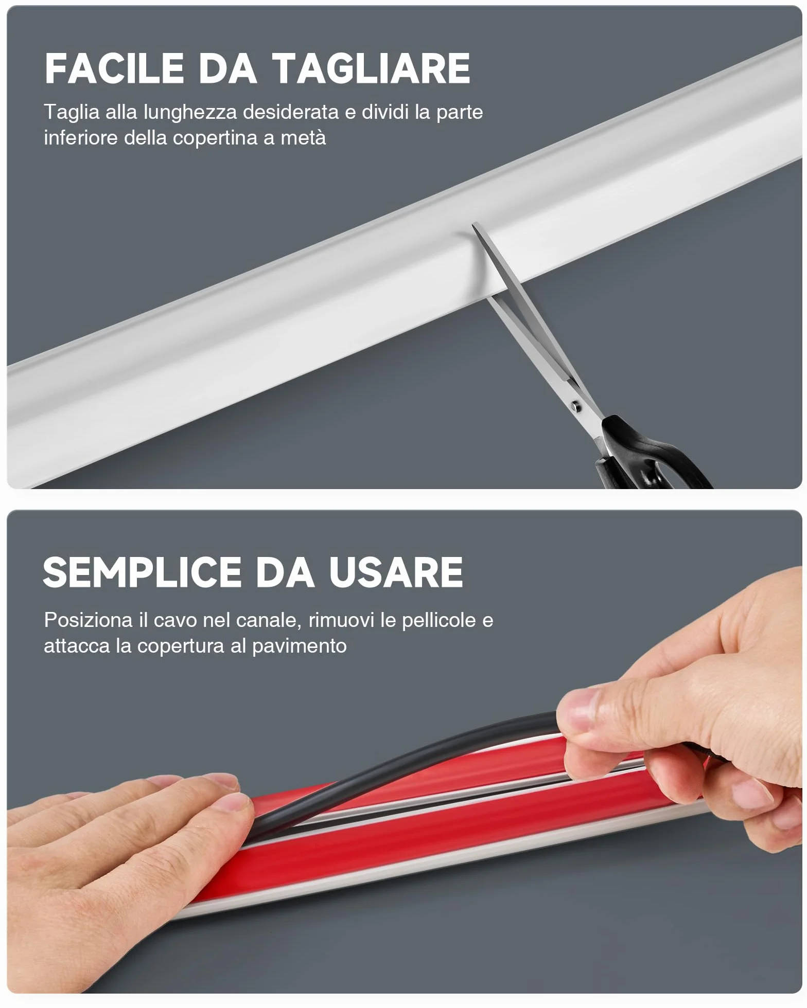 CREWORKS 1.8M Canalina Passacavi Pavimento 3 Canali, PVC Flessibile Calpestabile Adesiva Grigio
