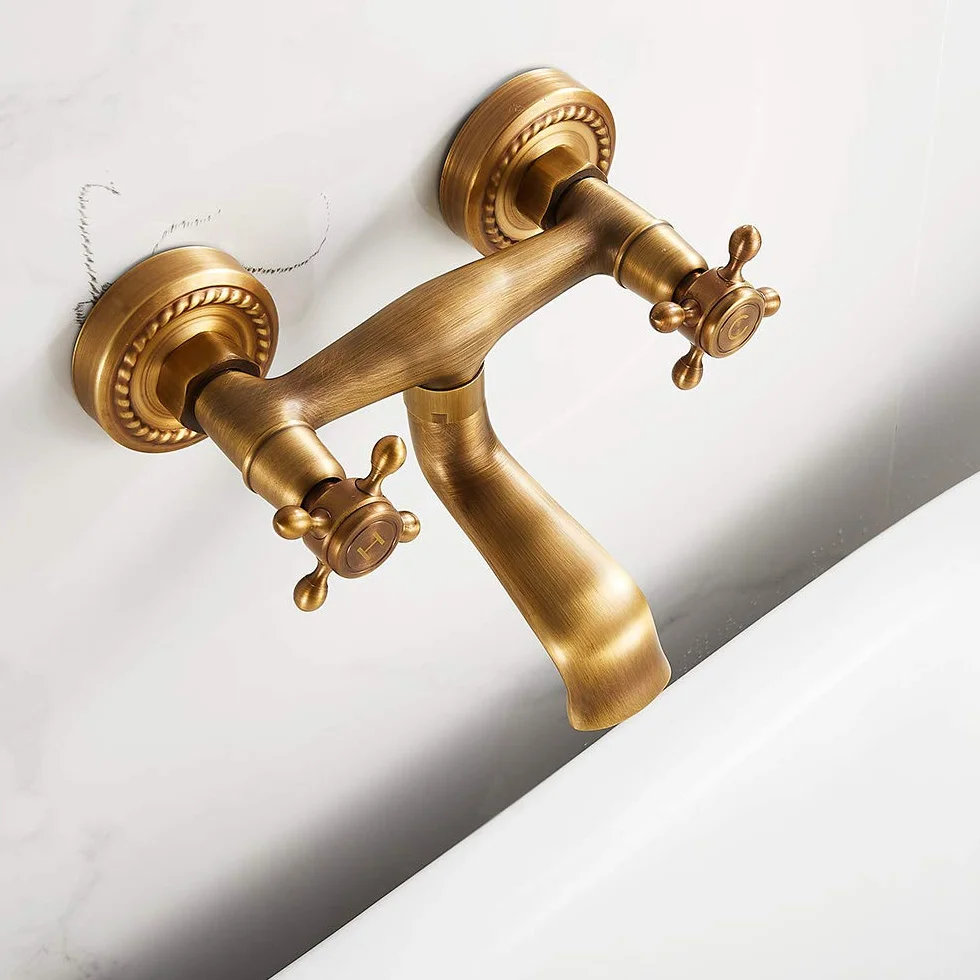 Rubinetto a Muro Anticato Bronzo Vintage Rotazione 180° Miscelatore Cucina Doppie Manopole Ceramica