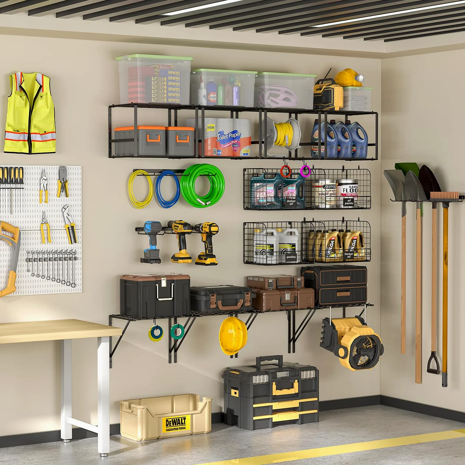 ThreeHio Mensola da garage a parete con cesti metallici, resistente mensola da parete per garage con scaffale per attrezzi da giardino e ganci, organizer per attrezzi per casa, giardino, cortile e