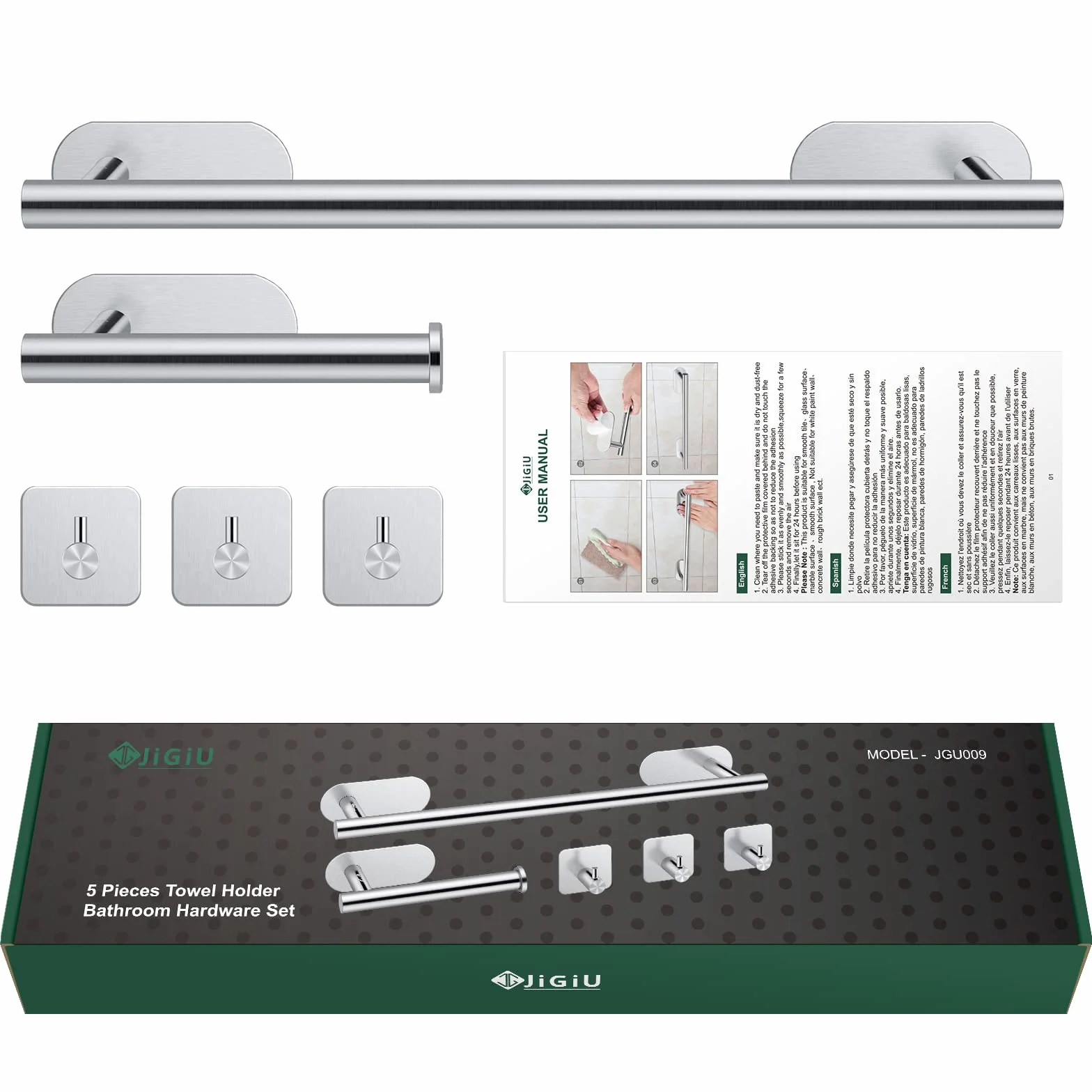 Set Porta Asciugamani 5 Pezzi Acciaio Inox 304 Bagno Cucina 40cm Grigio Spazzolato