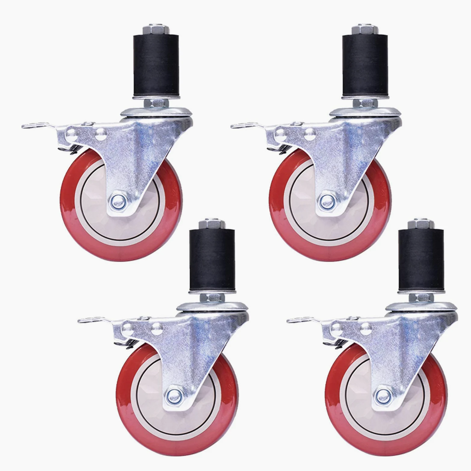 Ruote girevoli in Poliuretano Resistenti da 100 mm con Freno – Set di 4, Ideali per banco da Lavoro, Carrello, mobili, scaffale, bullone M12x60mm, Tubo Tondo da 4 Pollici