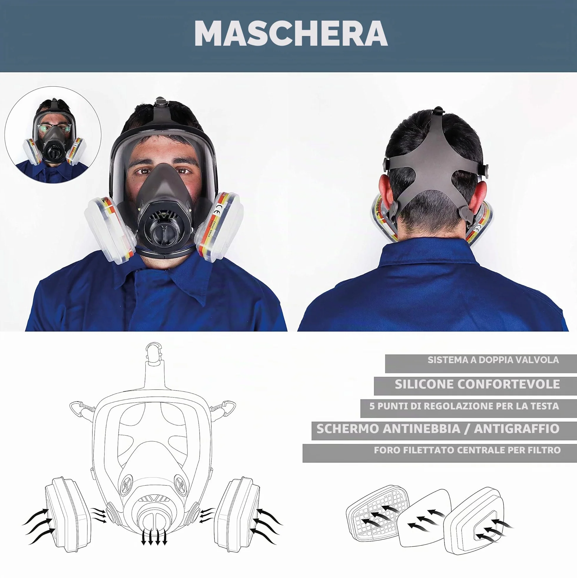 RHINO Maschera antigas integrale riutilizzabile per vapori organici e gas acidi