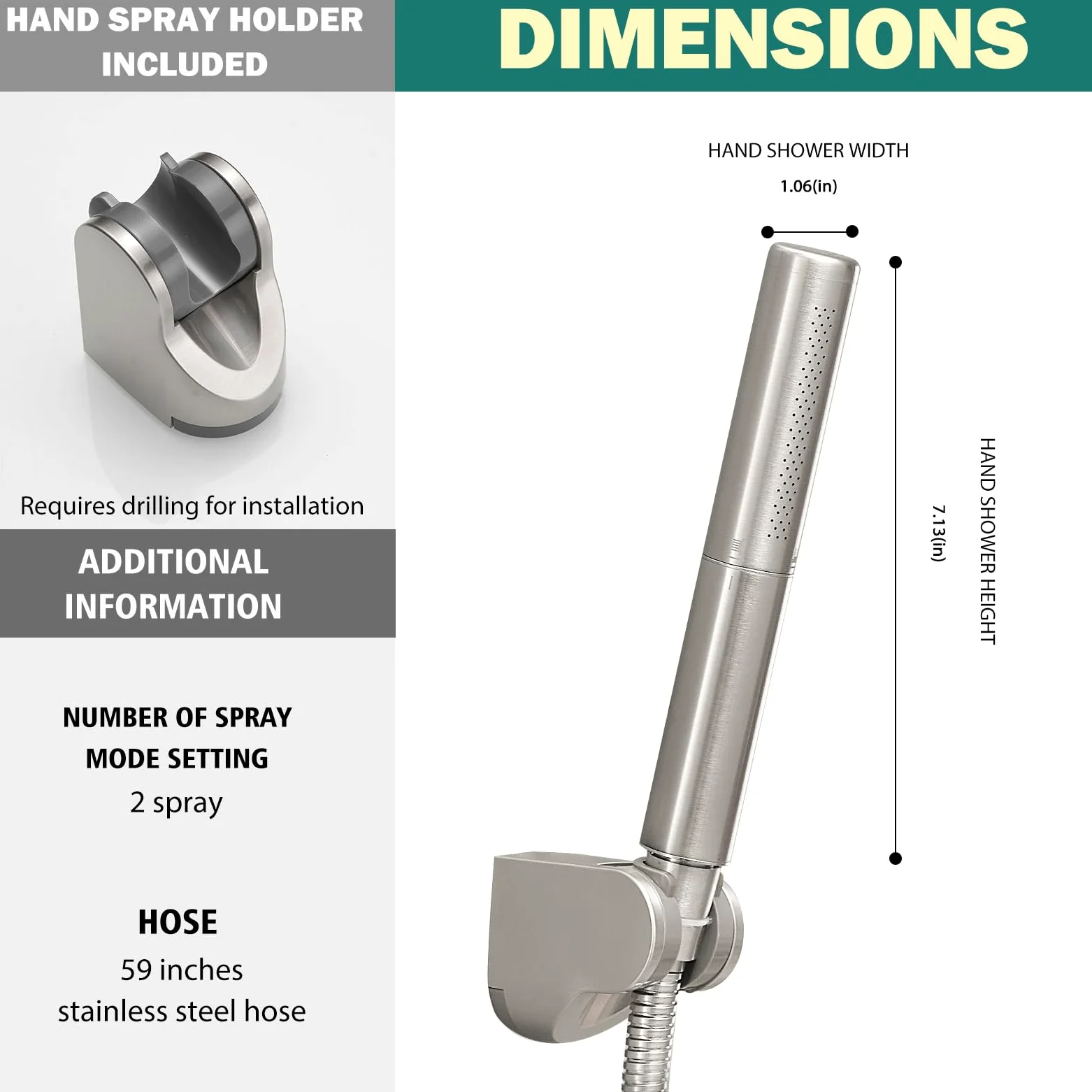 Homipro, soffione doccia in ottone spazzolato 2 in 1, funzione ad alto flusso, ad alta pressione, 17,8 cm, finitura spazzolata, doccetta con tubo flessibile da 150 cm, staffa