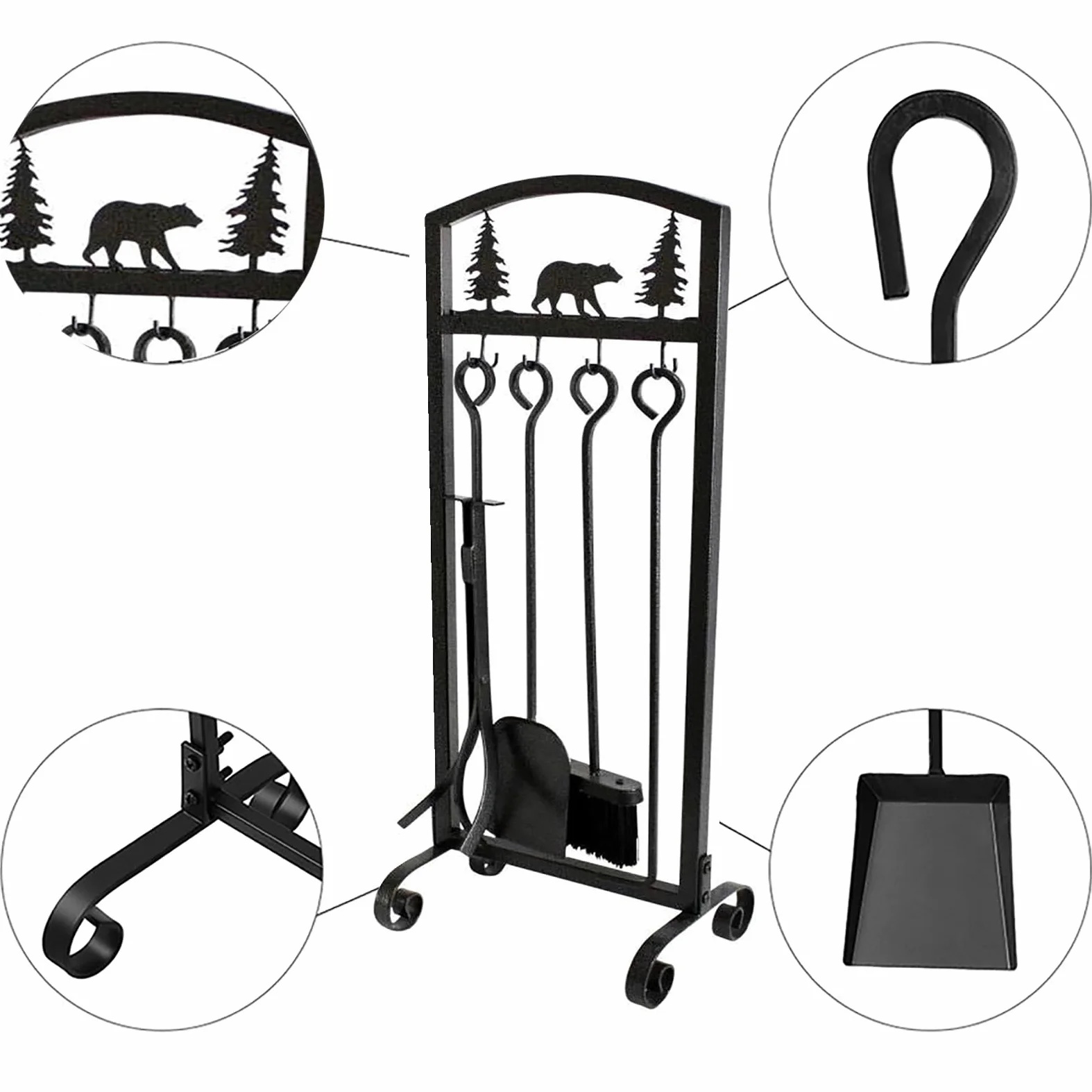 Set di 5 attrezzi per camino, accessori in ferro battuto durevole con attizzatoio, pinza, pala, spazzola e supporto, per bracieri interni ed esterni