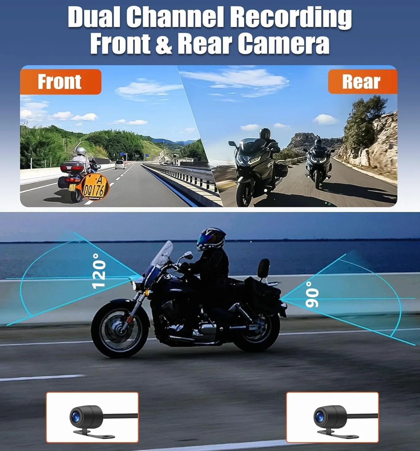 CAMECHO Moto Dash Cam 3 Pollici Schermo con 64GB TF Scheda, IP67 Impermeabile Doppia Telecamere Grandangolare 120 Gradi 90 Gradi Fotocamera per Moto con HDR, G-Sensor, Registrazione in Loop