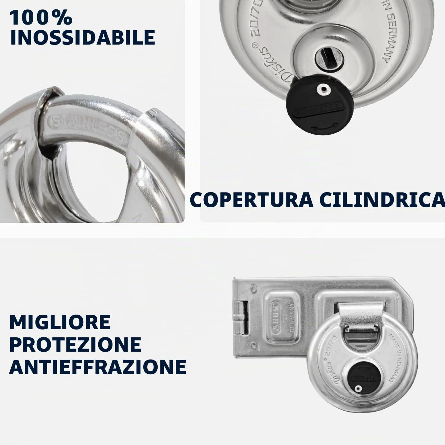 ABUS Lucchetto Diskus 20/70 - Sicurezza Livello 9, Impermeabile | Corpo e arco in acciaio inox - cilindro ABUS-Plus anti-manipolazione - 70x70x30,5 mm - protezione sporco e spruzzi