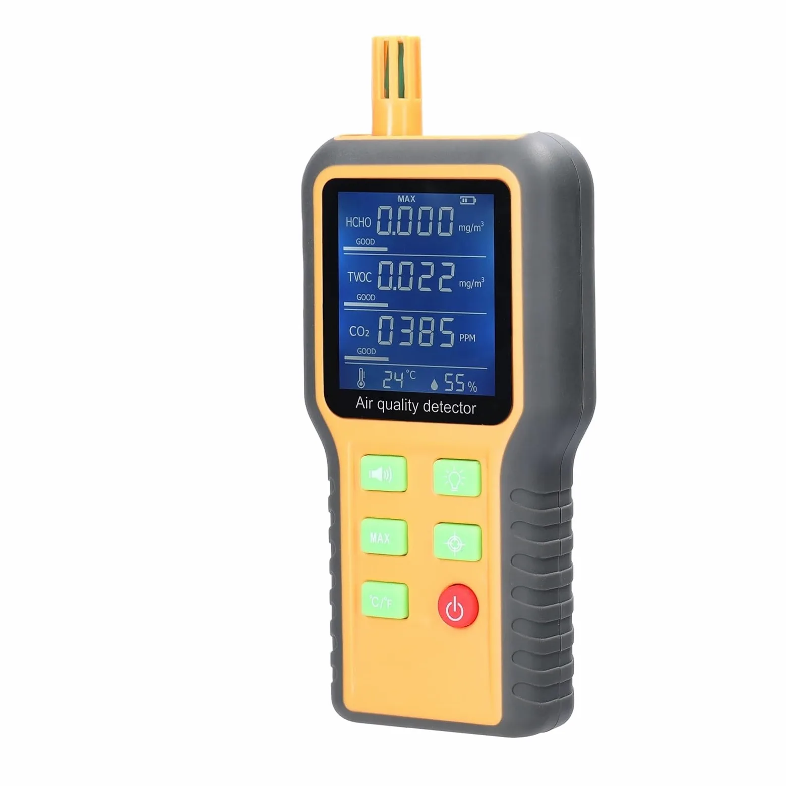 Misuratore Qualità dell'aria, 5 In 1 Monitor portatile a qualità 'aria CO2 TVOC HCHO Tester Misuratore di umidità a temperatura Display LCD retroilluminato Rilevatore di anidride carbonica per Casa Cu
