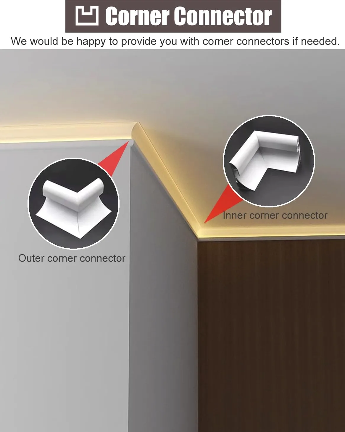 Dimensioni delle modanature per soffitti, Lunghezze Multiple del Rivestimento del Canale del diffusore LED con Modanatura a Corona del soffitto(19m (62.3ft))
